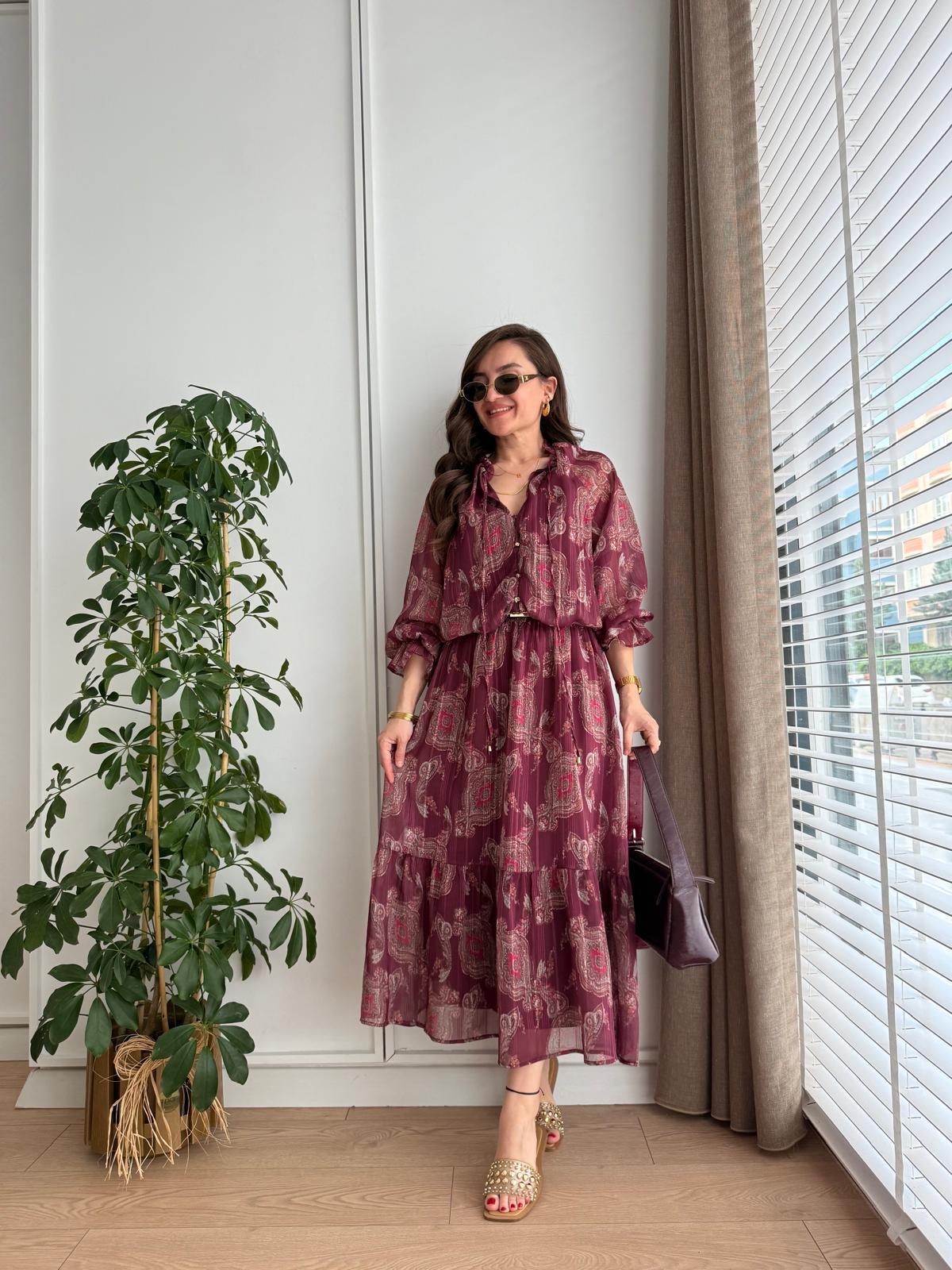 Bordo Desenli Düğme Detaylı Beli Lastikli Elbise 36376