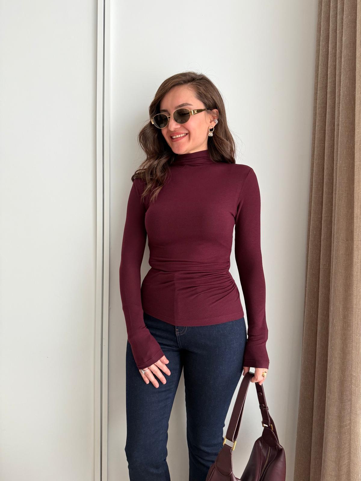 Bordo Dik Yaka Drape Detaylı Bluz 251004