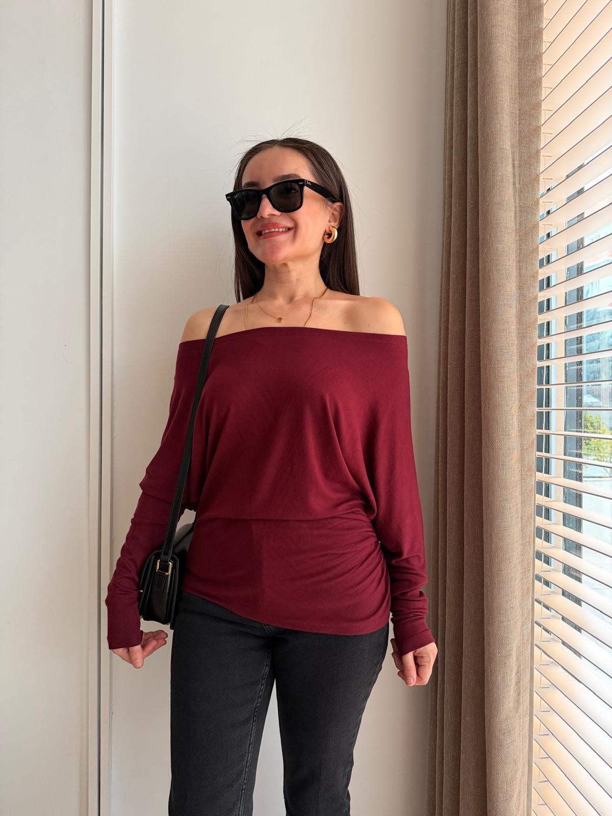Bordo Drape Detaylı Yarasa Kol Bluz 251077