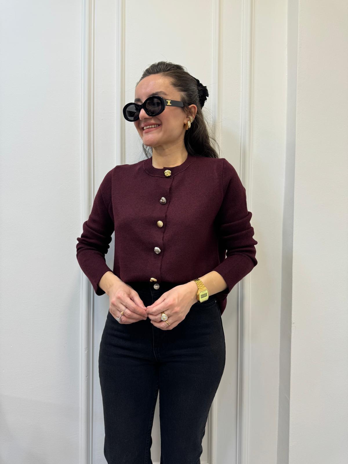 Bordo Düğme Detaylı Buklet Yaka Triko Hırka 241108