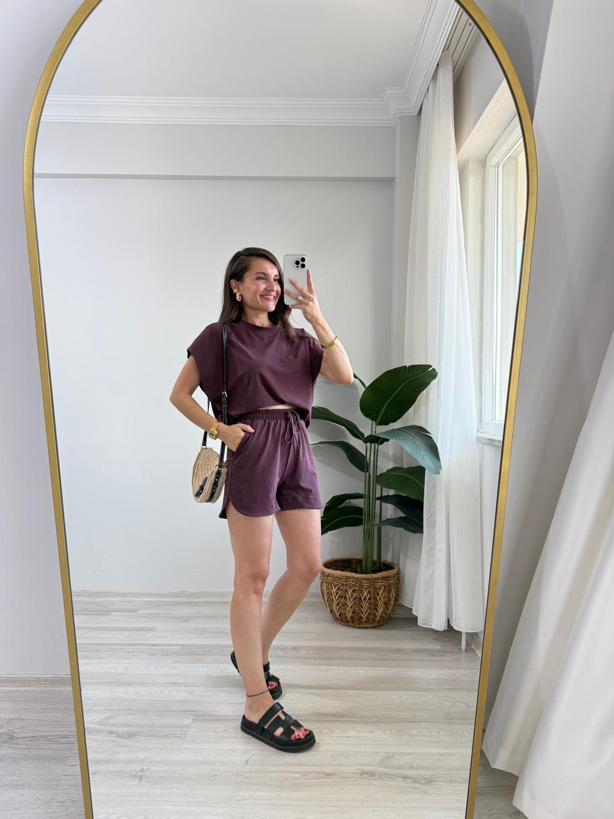 Bordo Düşük Omuz Bluz Şort Takım 7247
