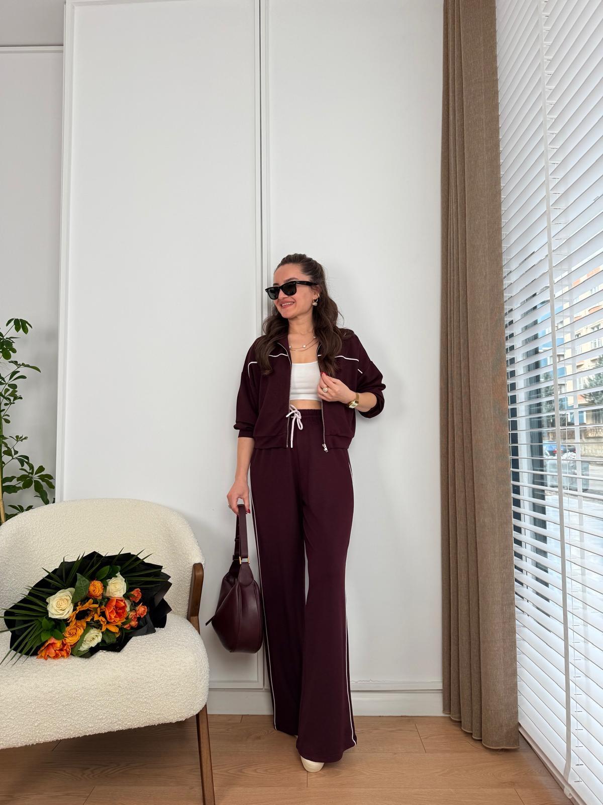Bordo Fermuarlı Şerit Detaylı Modal Takım 51075