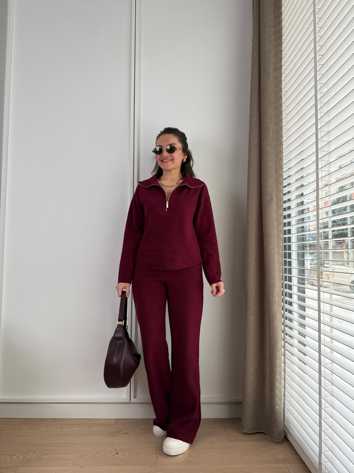 Bordo Fitilli Dik Yaka Yarım Fermuarlı Pantolon Takım 16464