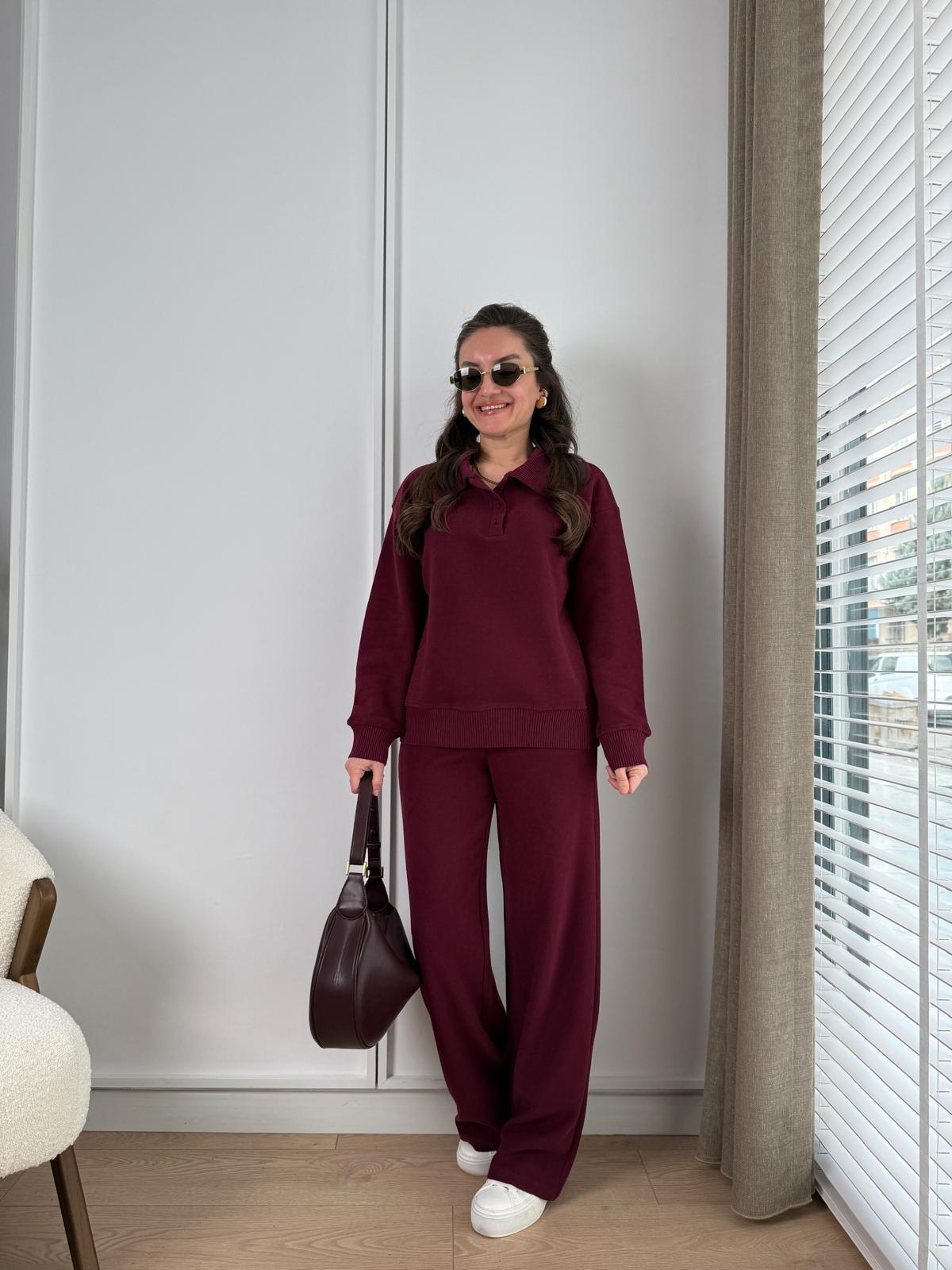 Bordo Fitilli Polo Yaka Bol Paça Pantolon Takım 16528