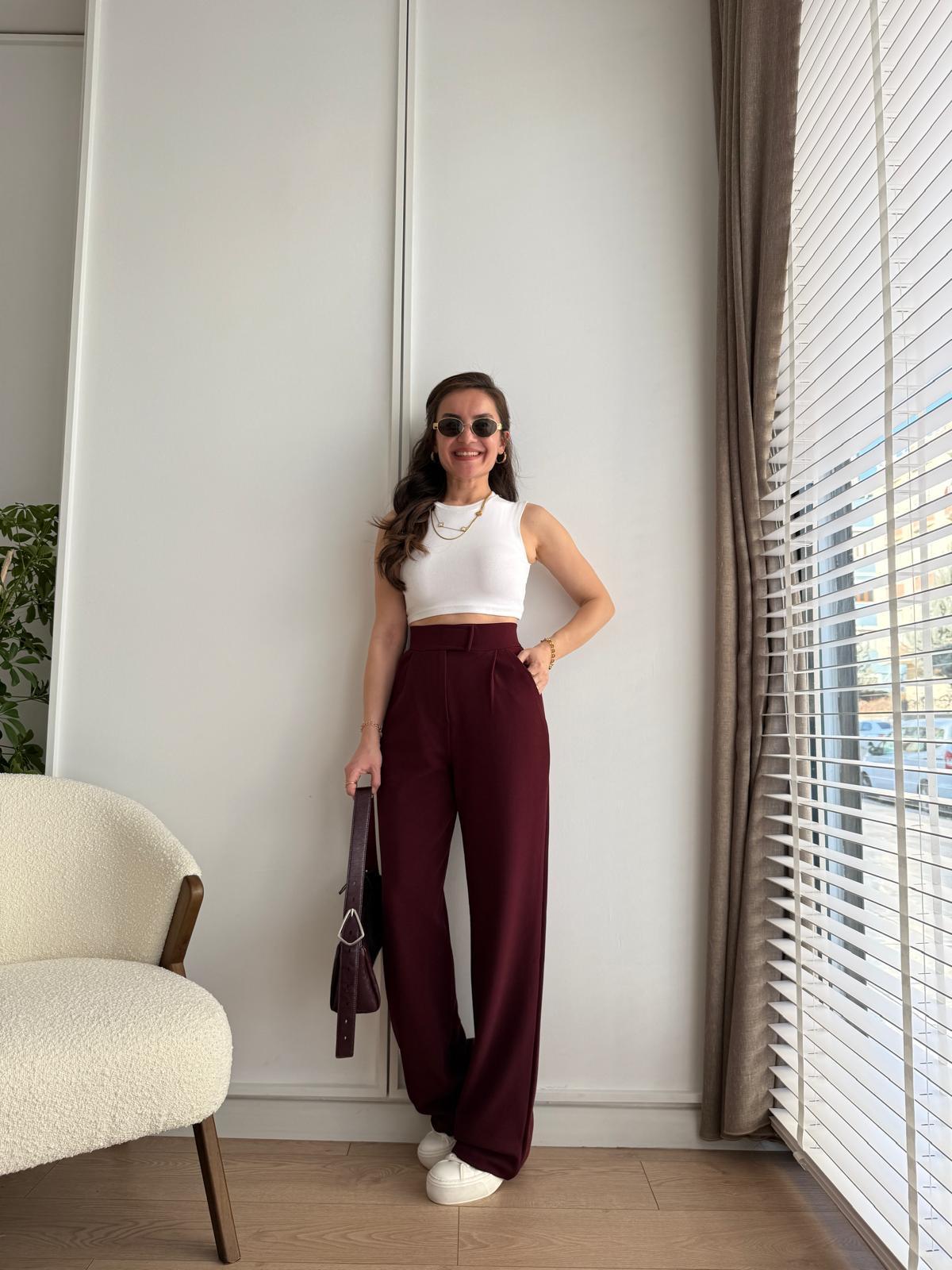 Bordo Full Likralı Bel Detaylı Palazzo Pantolon 3826