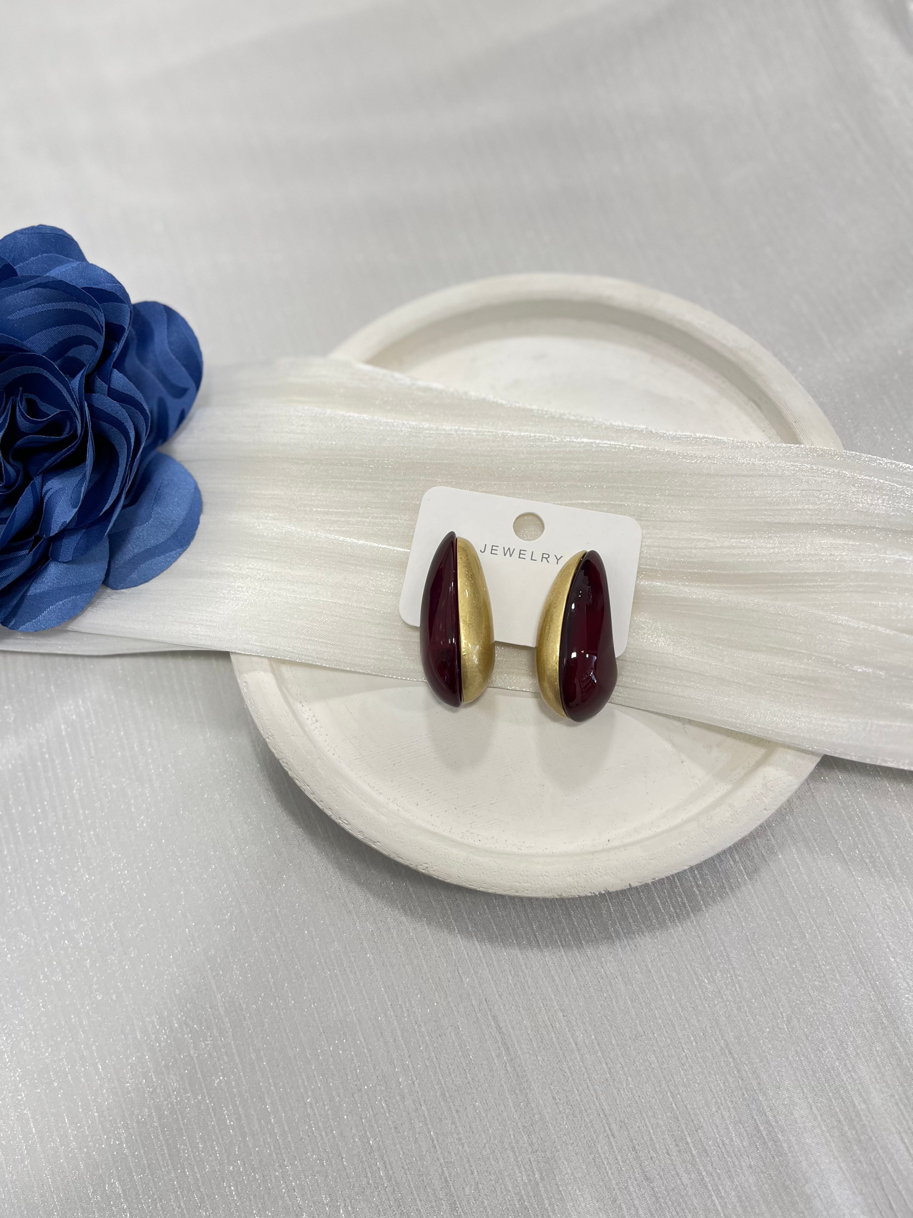 Bordo Gold Detaylı Damla Küpe KP63