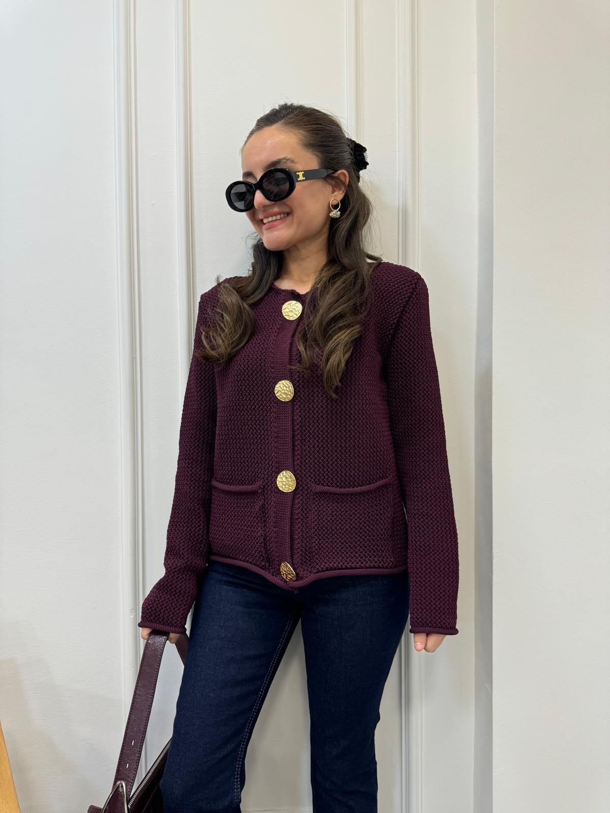 Bordo Gold Düğmeli Ajur Triko Hırka 241089