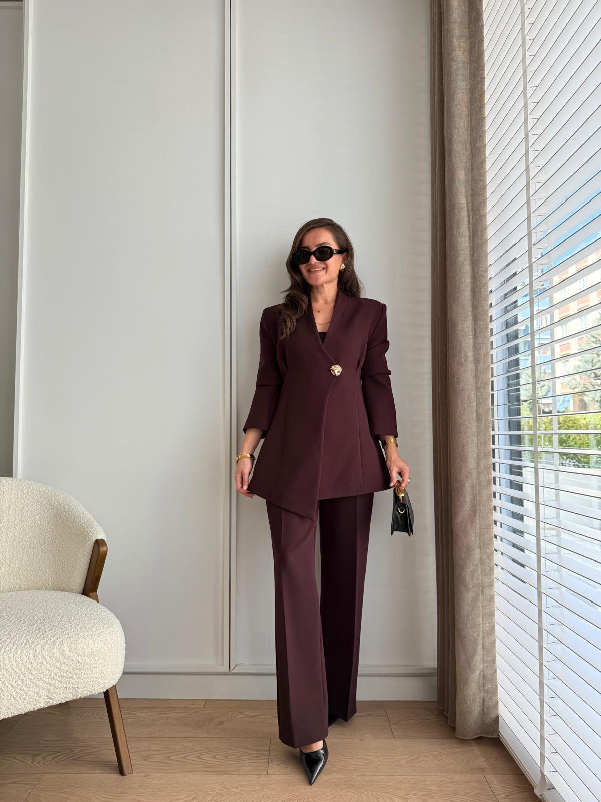 Bordo Gold Düğmeli Dikiş Detaylı Ceket Pantolon Takım 8761
