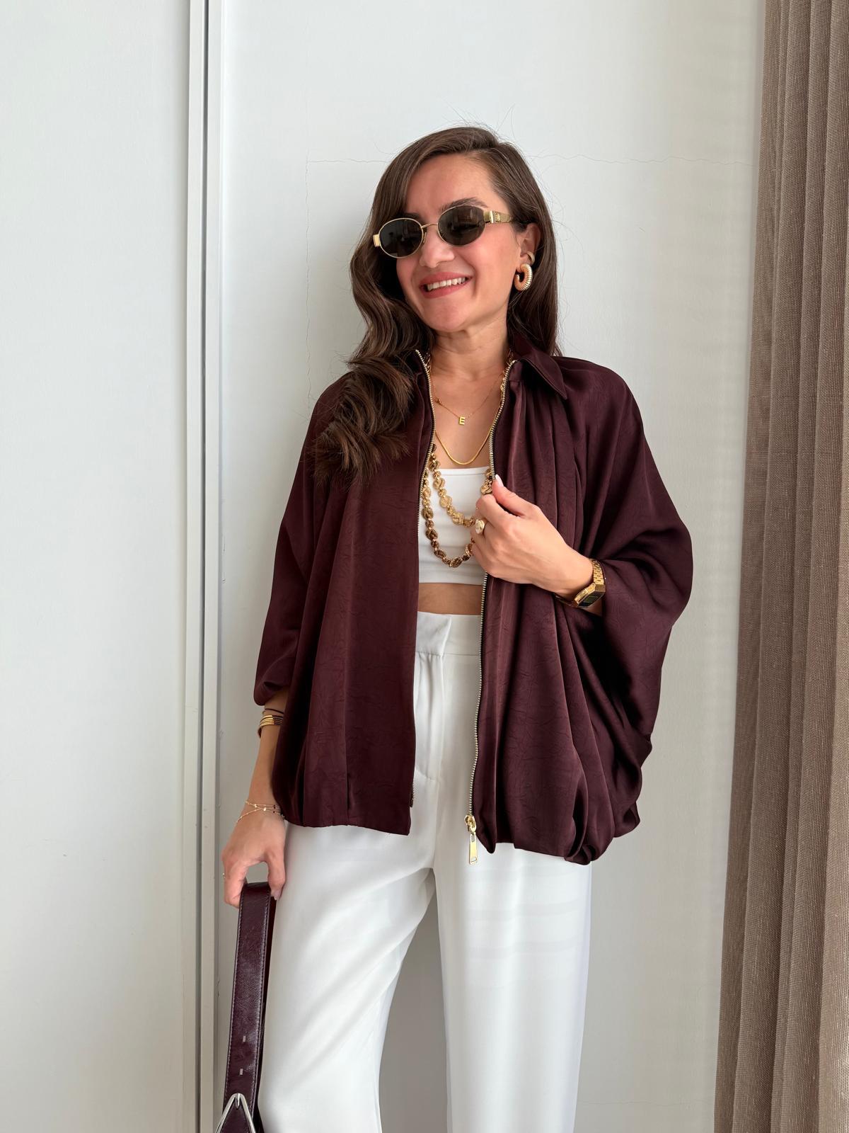 Bordo Gold Fermuarlı Saten Bomber Ceket 9584