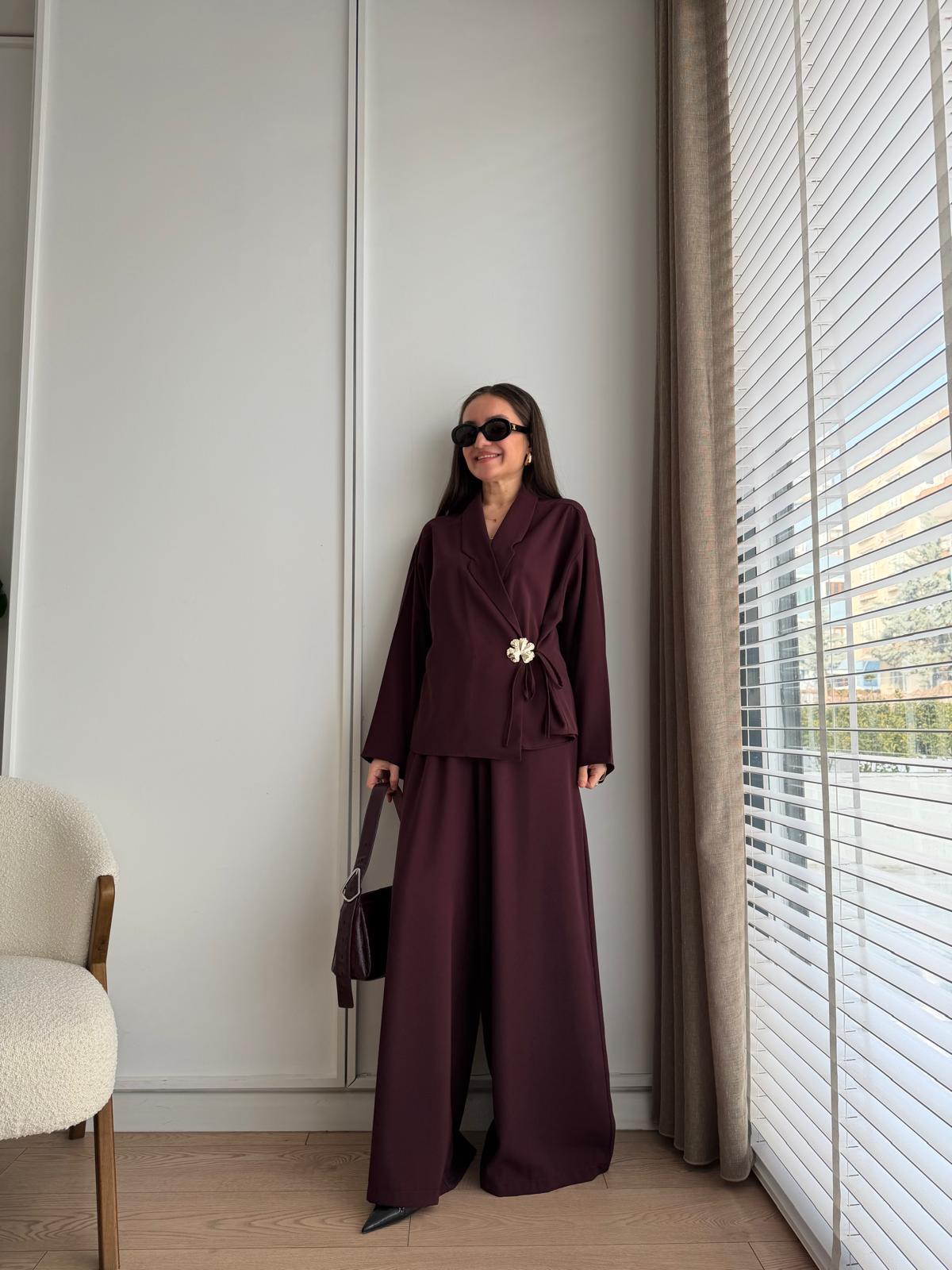 Bordo Gül Broşlu Ceket Pantolon Takım 8896