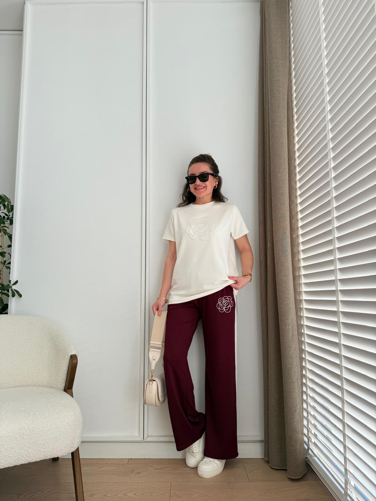Bordo Gül Nakışlı Modal Kumaş Takım 2233