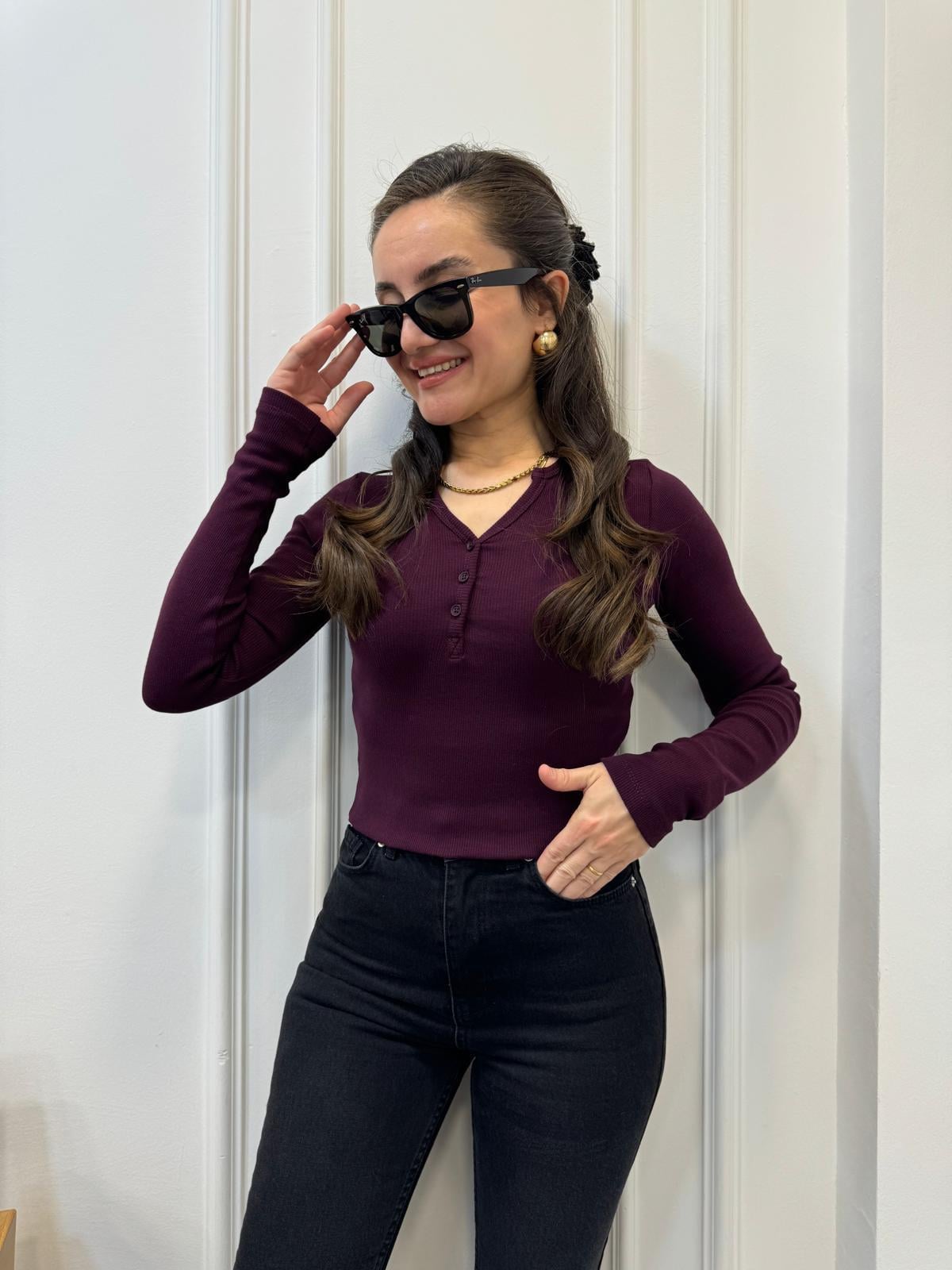 Bordo İnce Biyeli Düğmeli Triko Bluz 241017