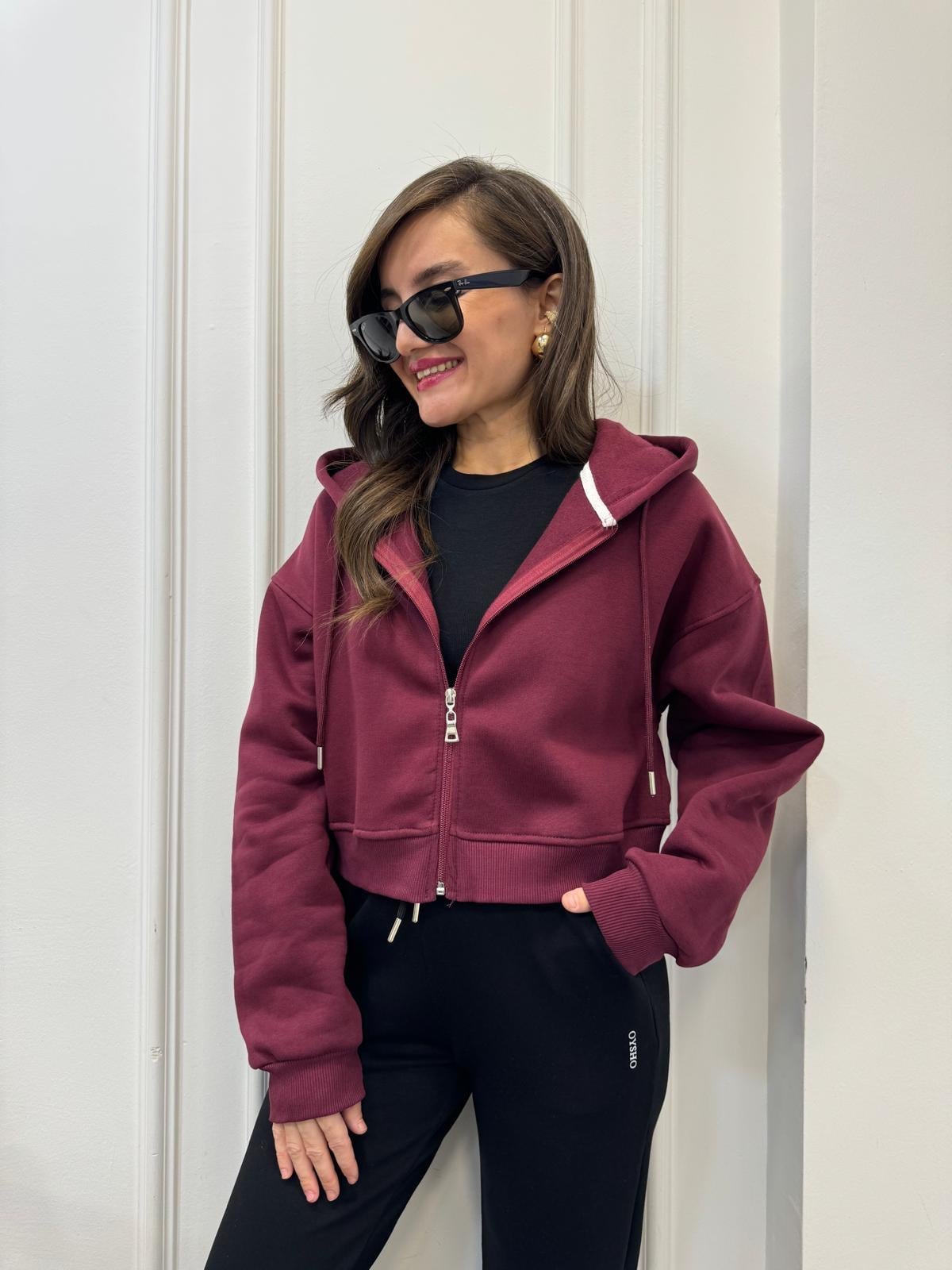 Bordo Kapüşonlu Fermuarlı Kısa Sweatshırt 7028