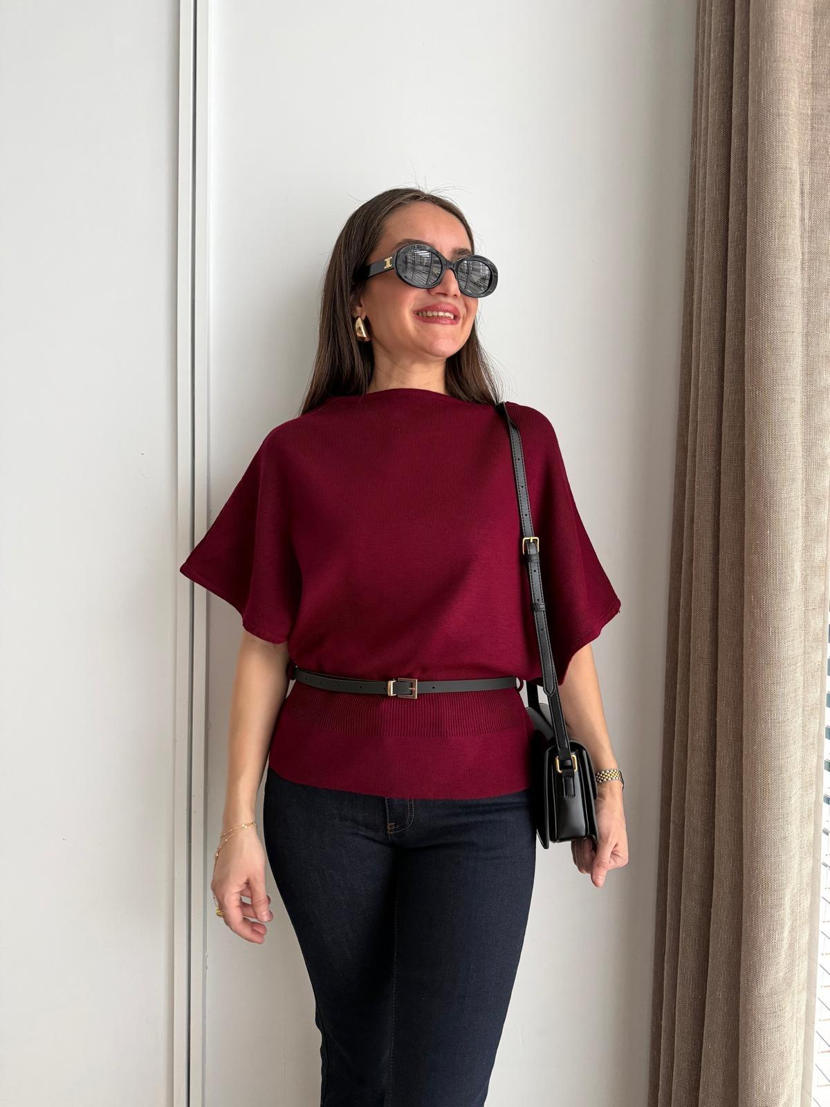 Bordo Kemerli Yarasa Kol Kazak 2741