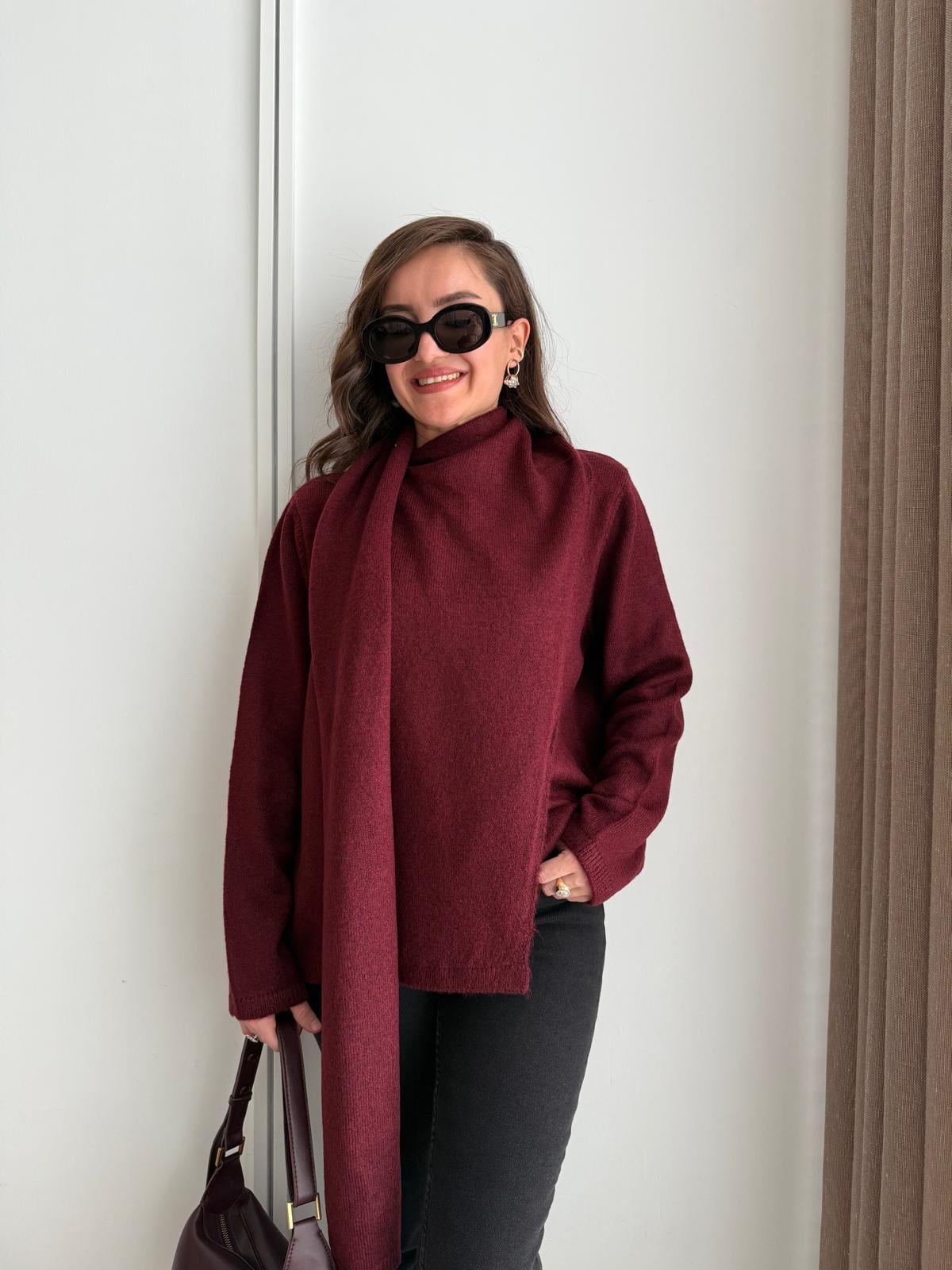 Bordo Kendinden Şallı Triko Kazak 241240