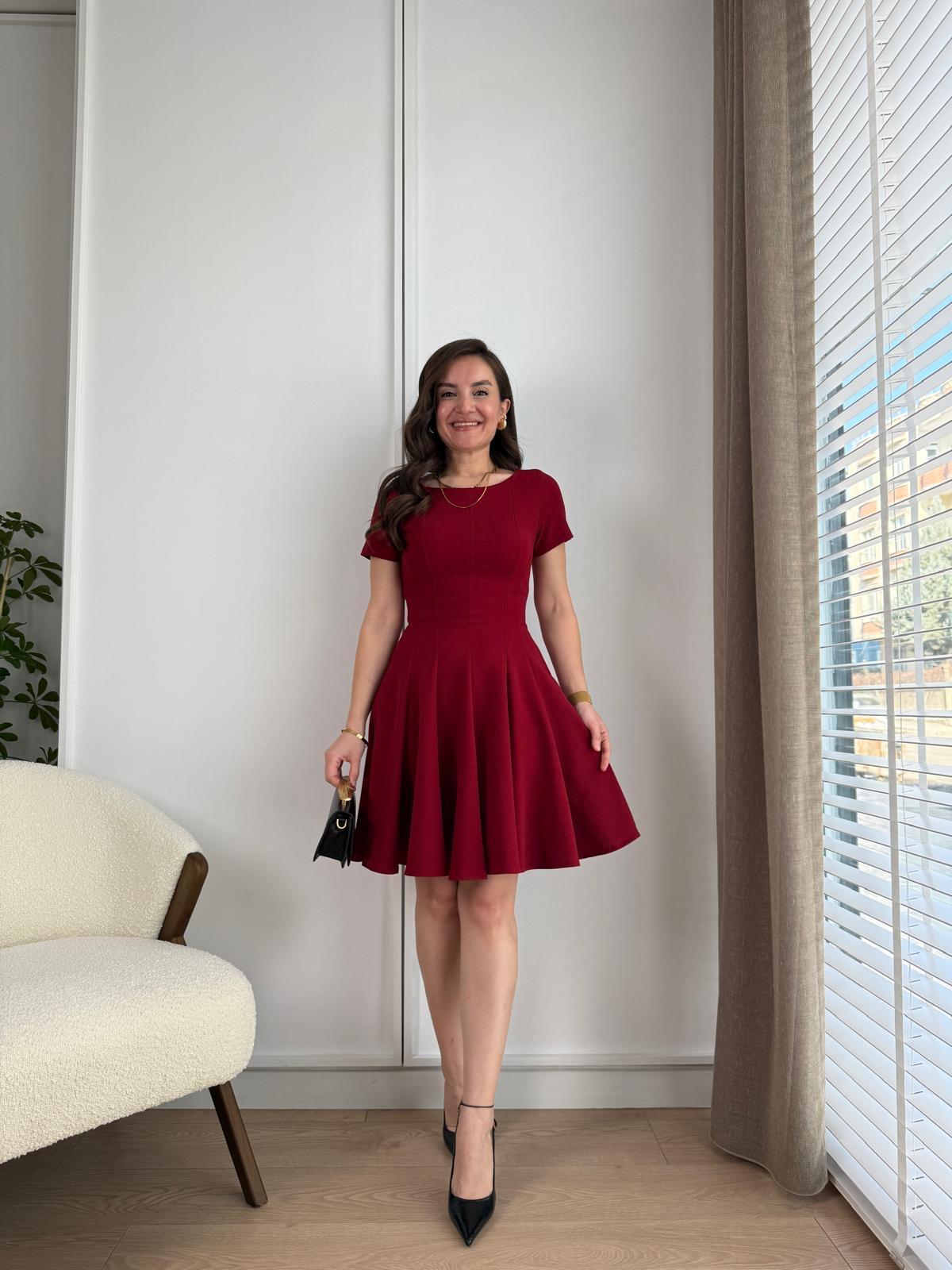 Bordo Kısa Kol Mini Kloş Elbise 1199