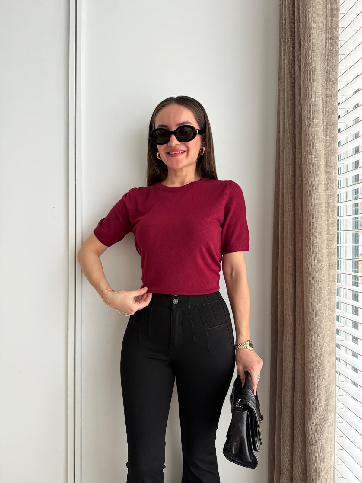 Bordo Kısa Kollu Basic Triko Bluz 10779
