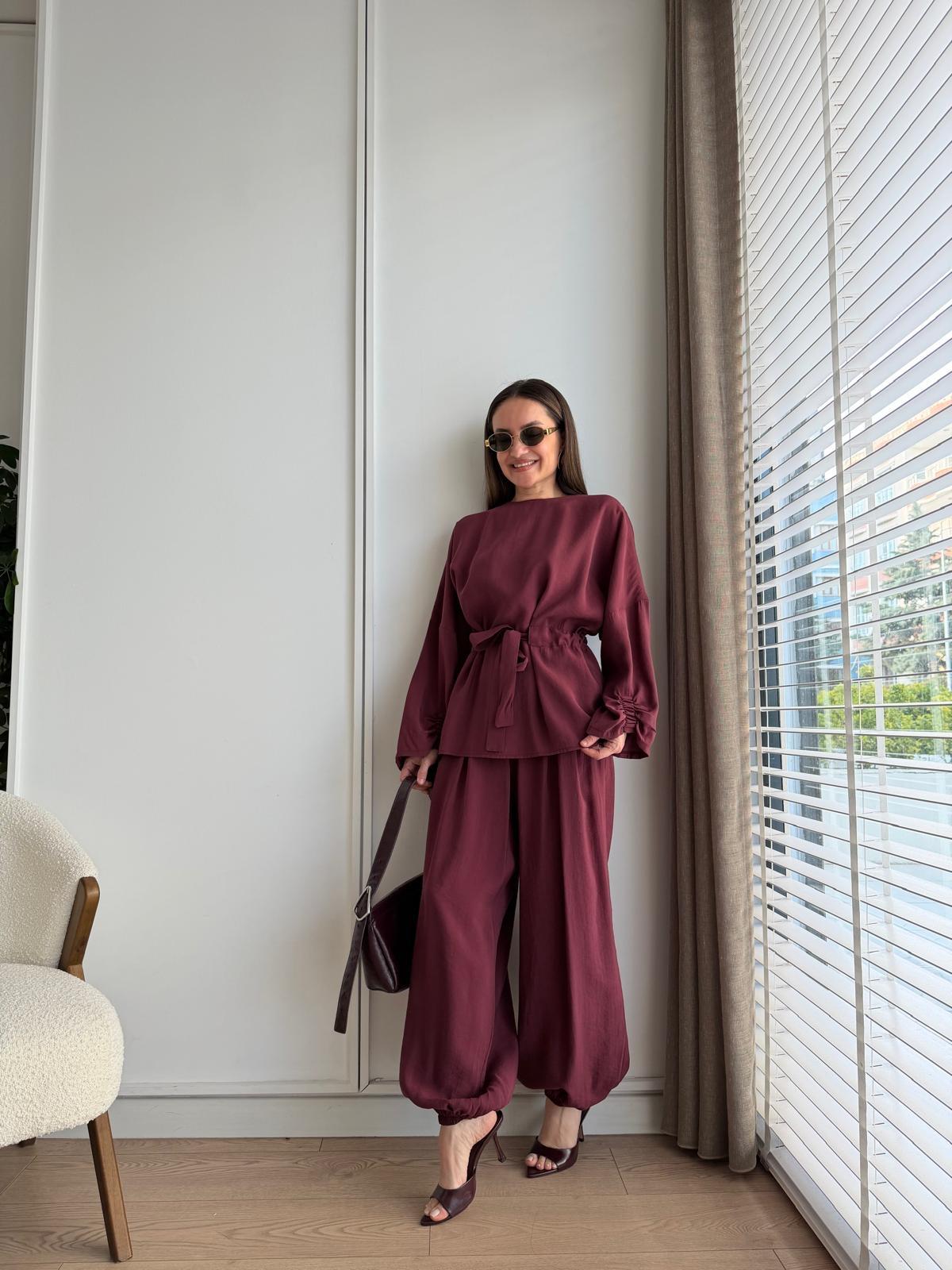 Bordo Kol Detaylı Bağlamalı Tensel Takım 265188