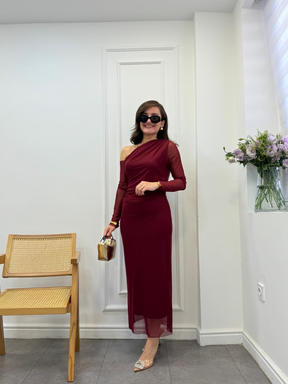 Bordo Kol Detaylı Drapeli Elbise 31925