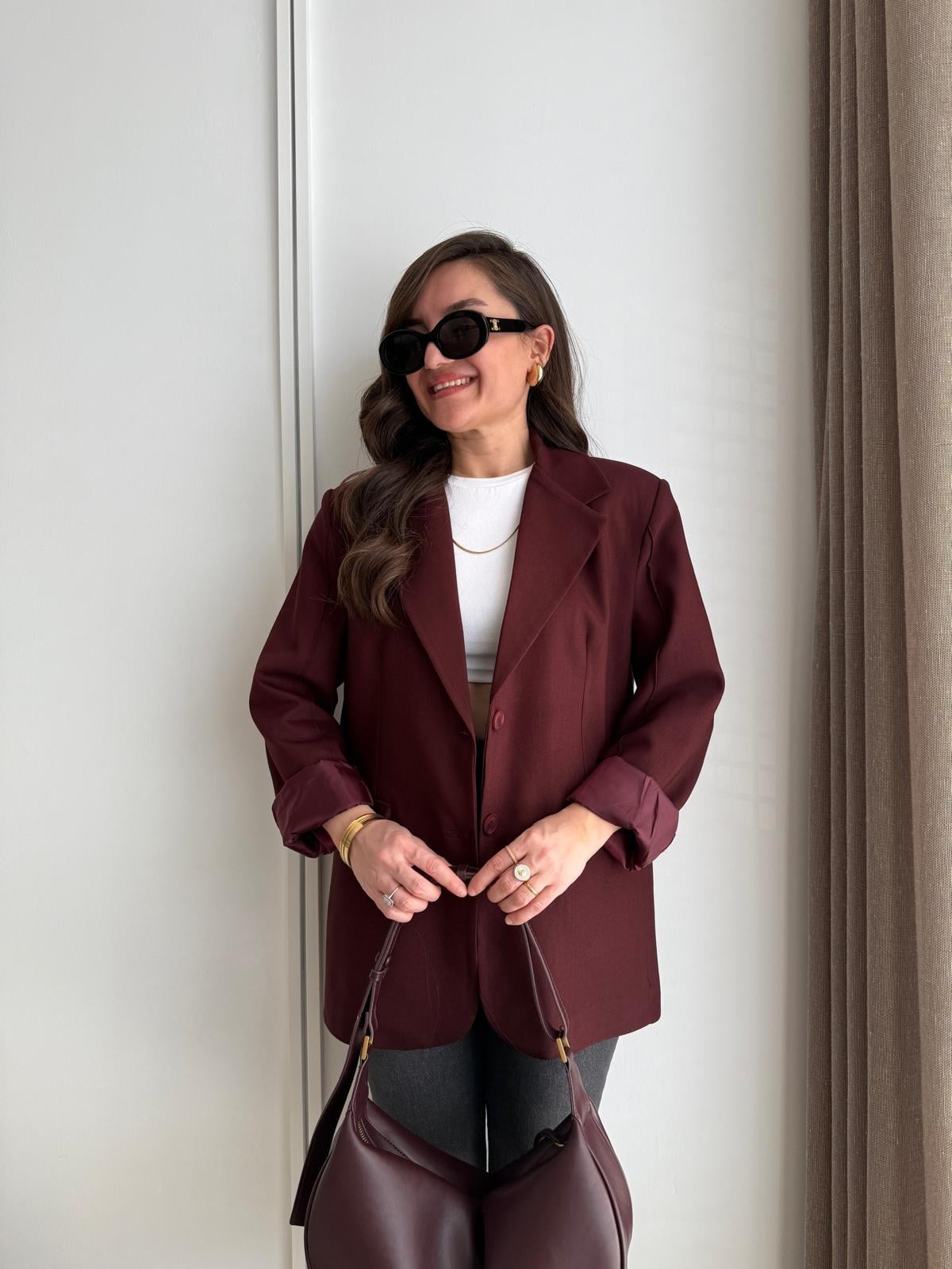 Bordo Kol Dikiş Detaylı Düğmeli Blazer Ceket 7450