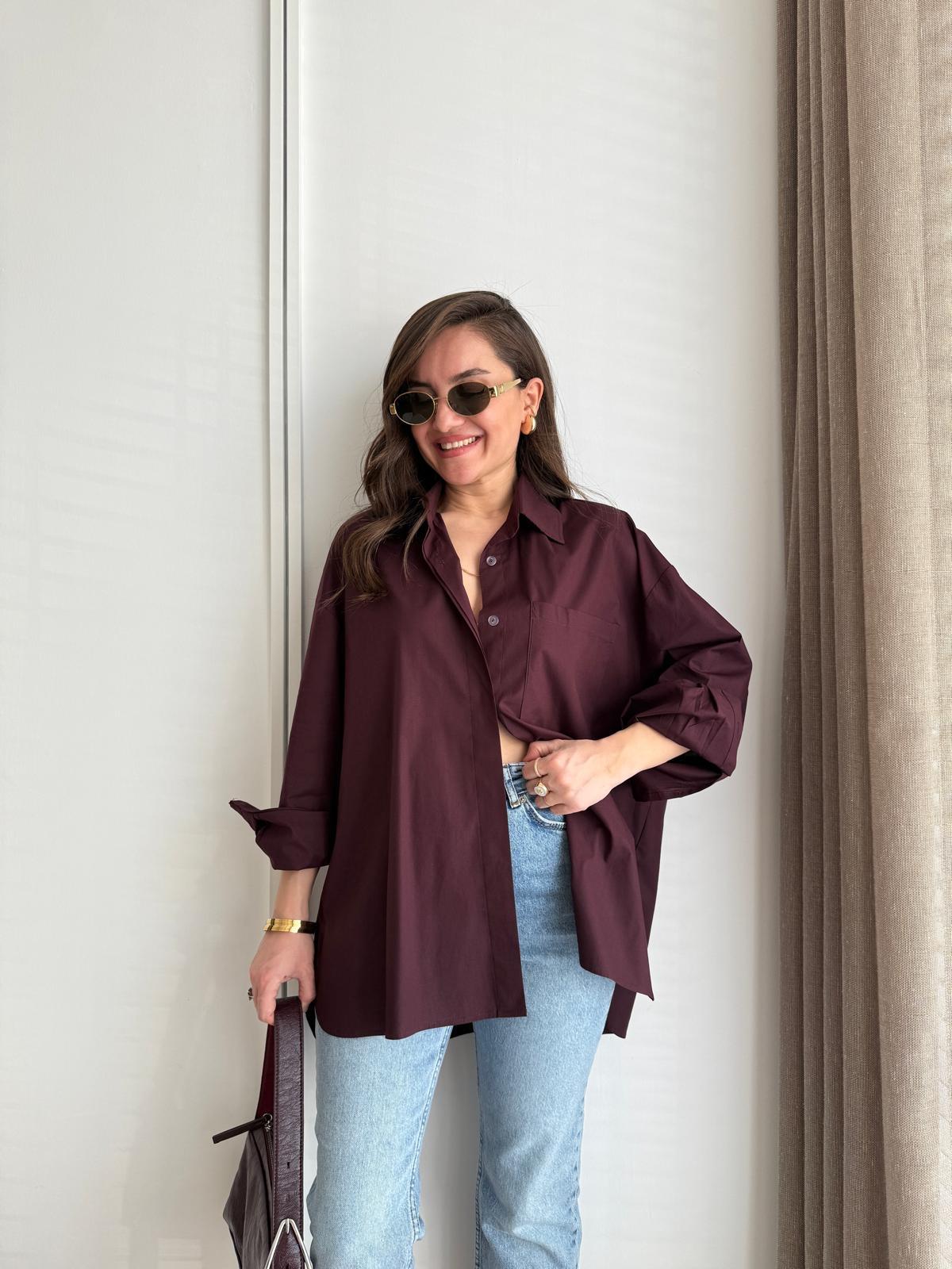 Bordo Kol Manşetli Cepli Oversize Gömlek 5260