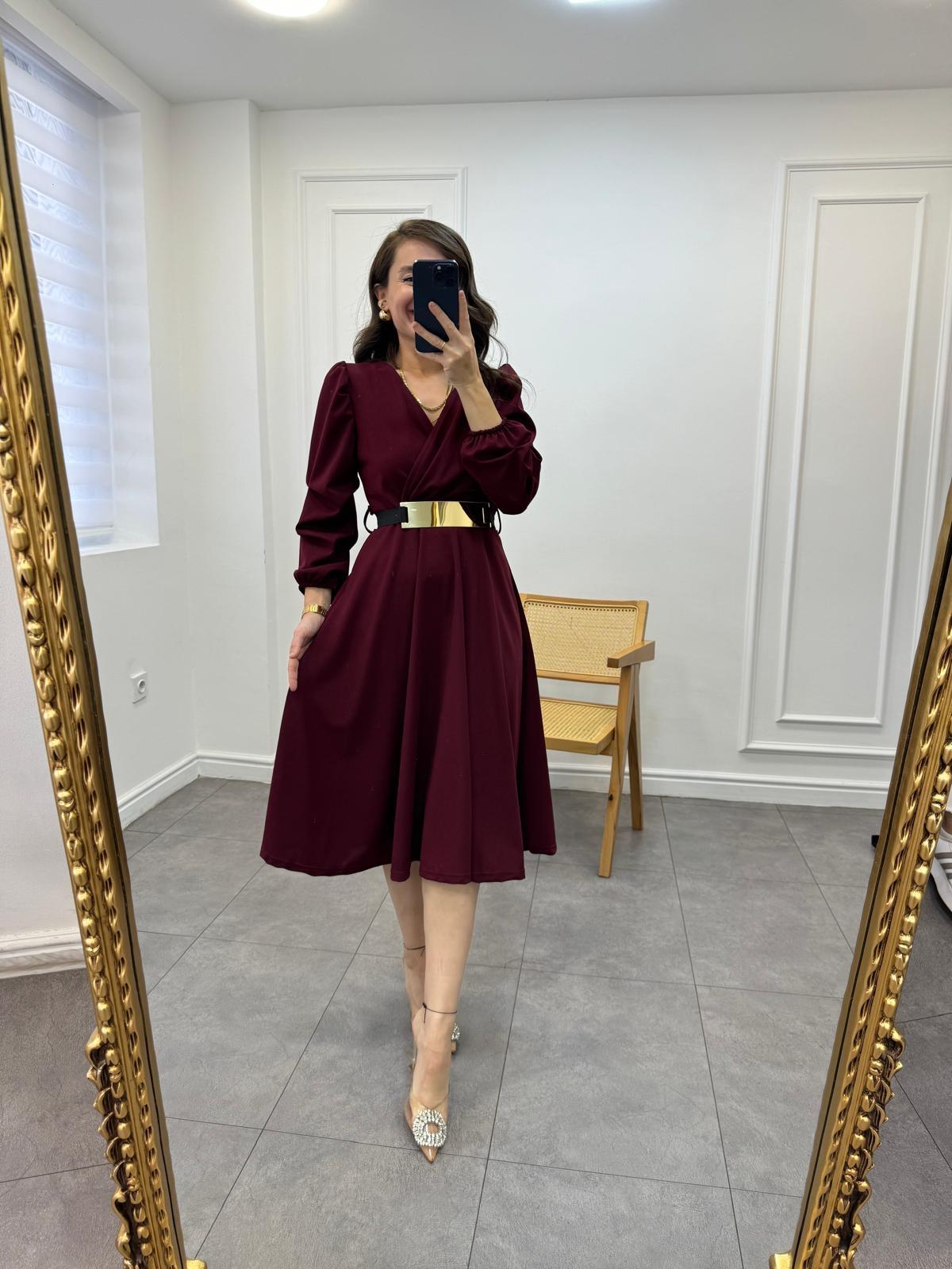 Bordo Kolu Dikişli Kemerli Çan Elbise 1128
