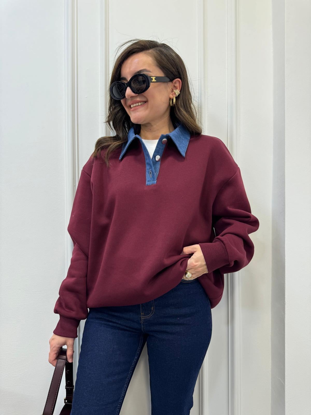 Bordo Kot Yaka Detaylı Sweatshırt 110032