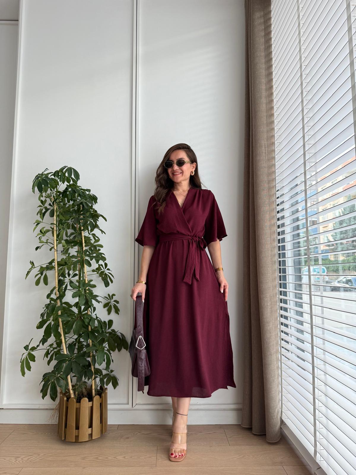 Bordo Kruvaze Yaka Bel Lastik Detaylı Yırtmaçlı Elbise 2899