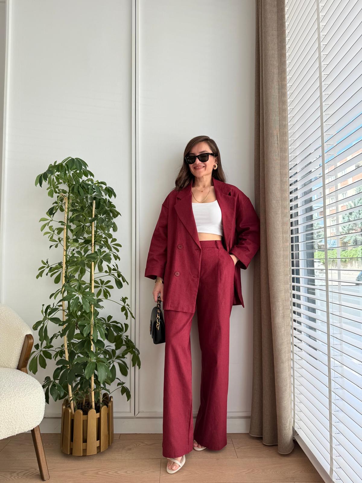 Bordo Kruvaze Yaka Double Kol Ceket Pantolon Takım 7229