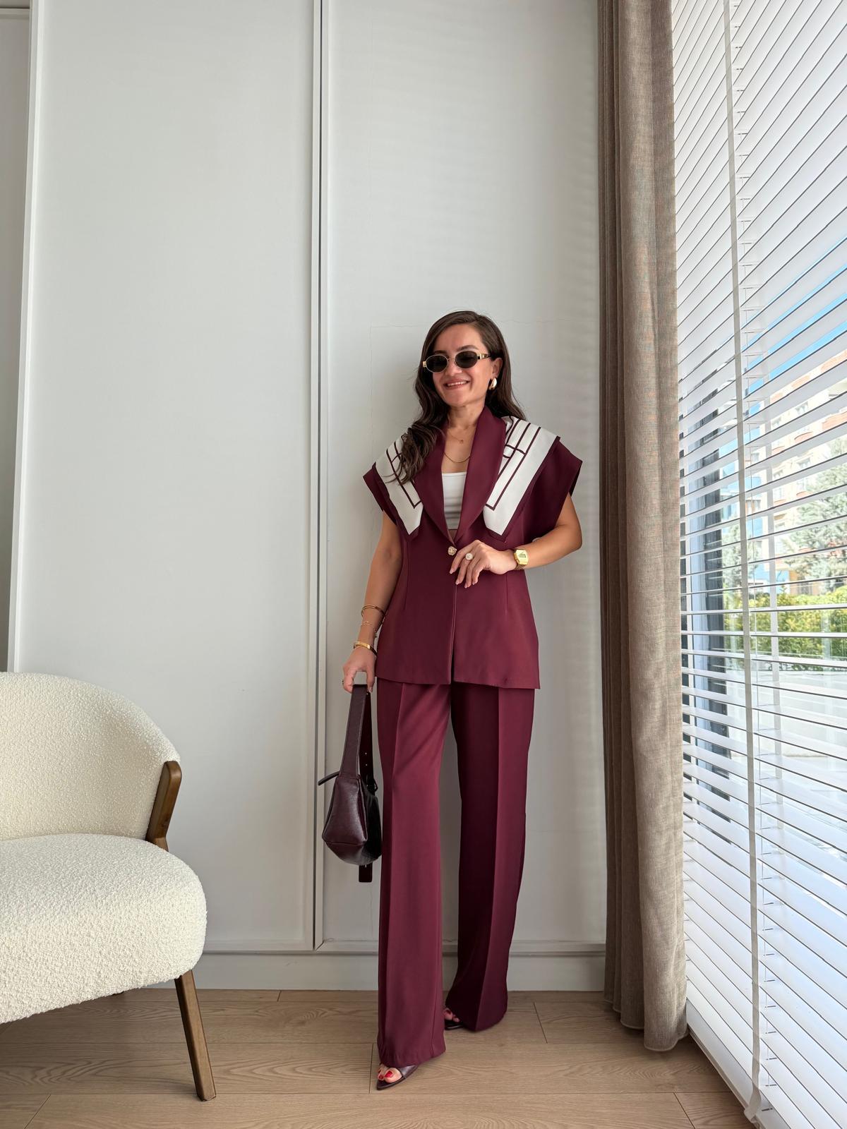 Bordo Kruvaze Yaka Gold Düğmeli Yelek Pantolon Takım 8789