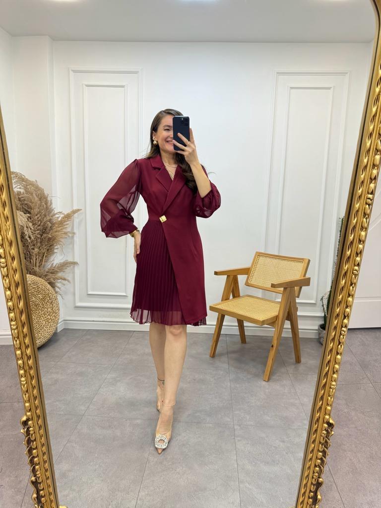 Bordo Kruvaze Yaka Pilise Detaylı Ceket Elbise 2169