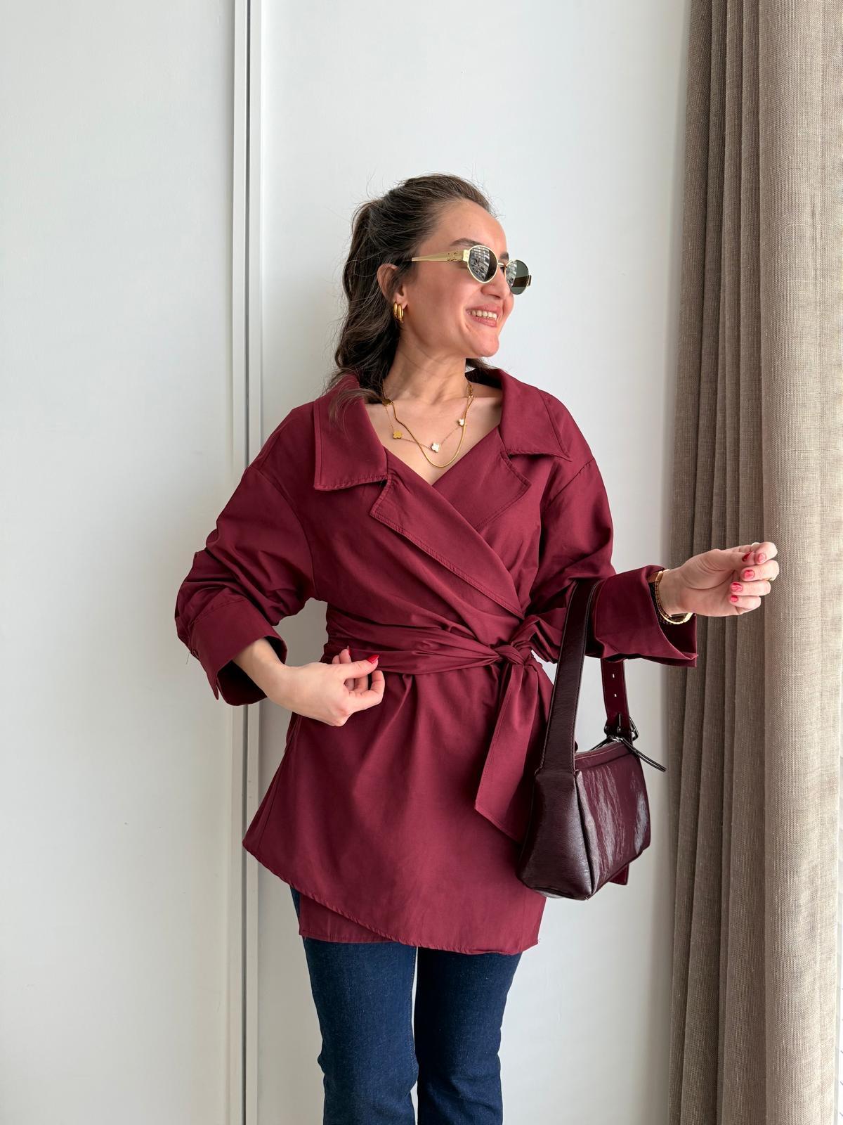 Bordo Kuşak Detaylı Poplin Gömlek 3164