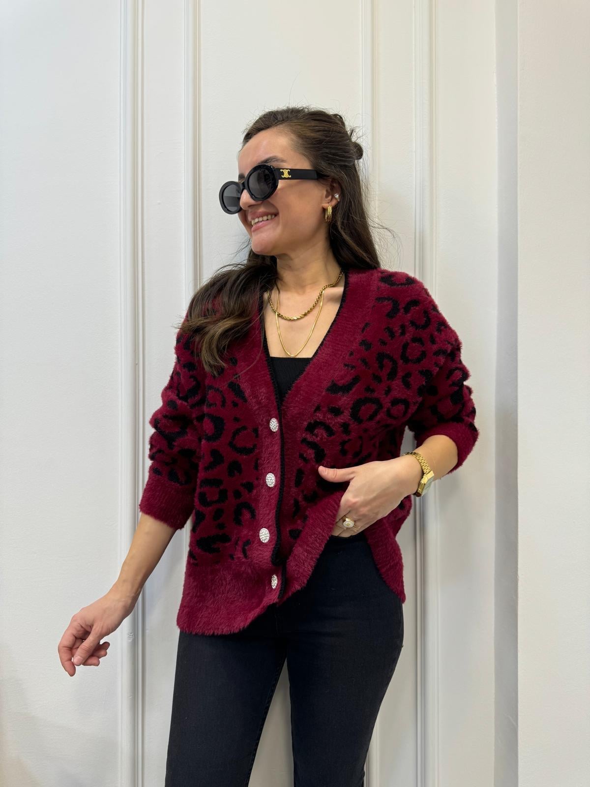 Bordo Leopar Desenli Angora Triko Hırka 7588