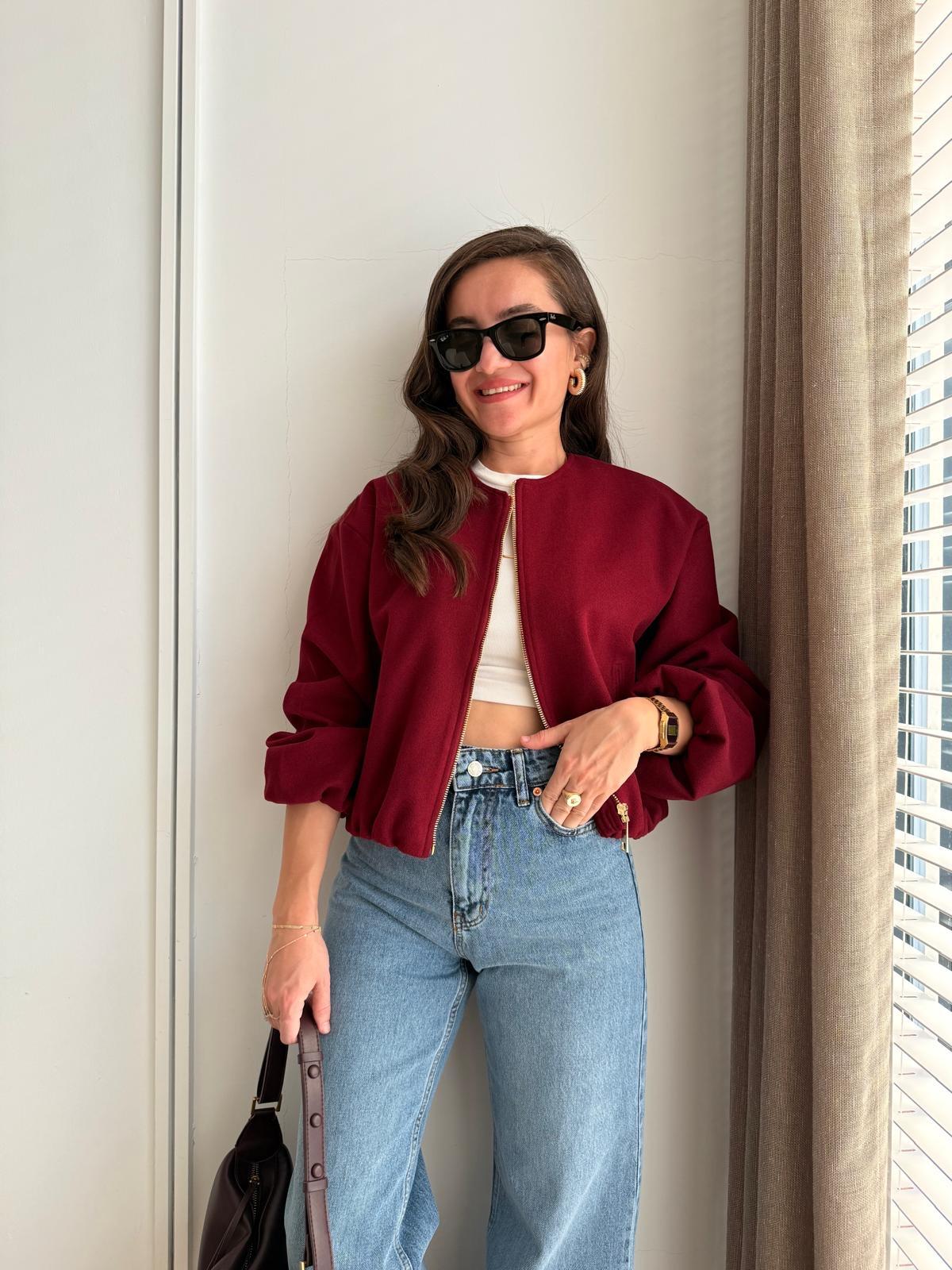 Bordo Lüx Kalite Cepli Kısa Bomber Ceket 1003