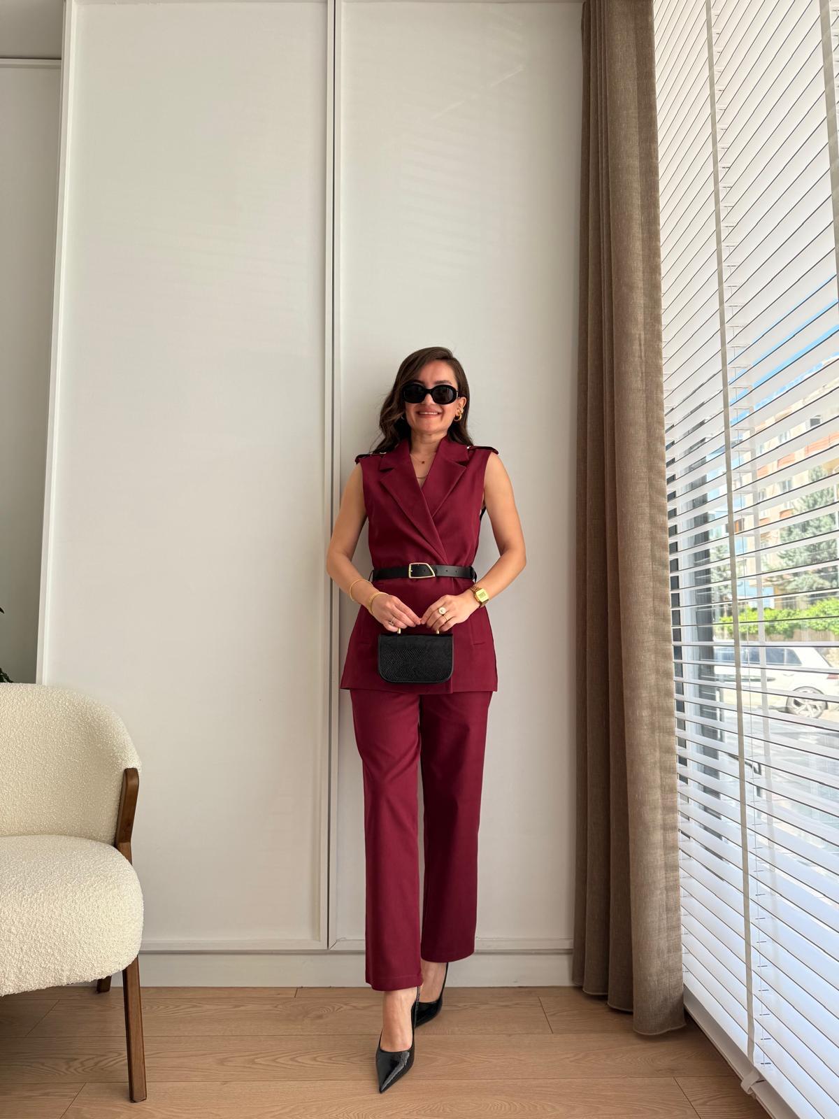 Bordo Lüx Kalite Kemerli Yelek Pantolon Takım 9204