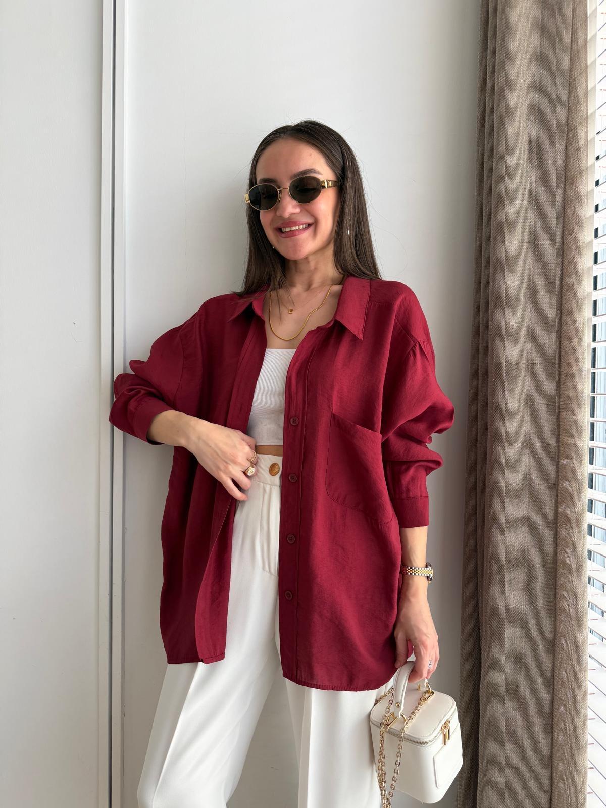 Bordo Lüx Kalite Oversize Gömlek 4612