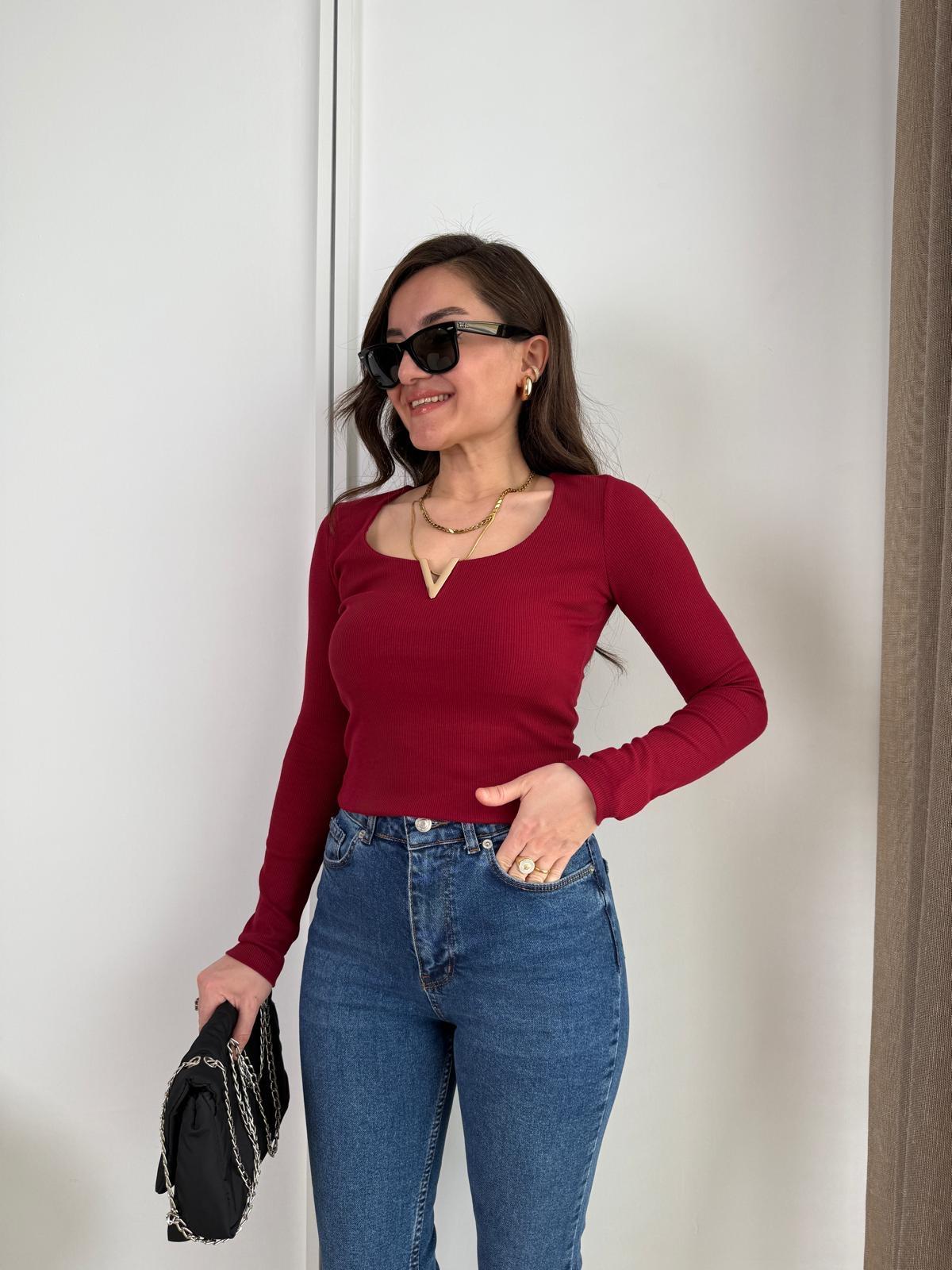 Bordo Önü Toka Detaylı Uzun Kol Tshirt 16334