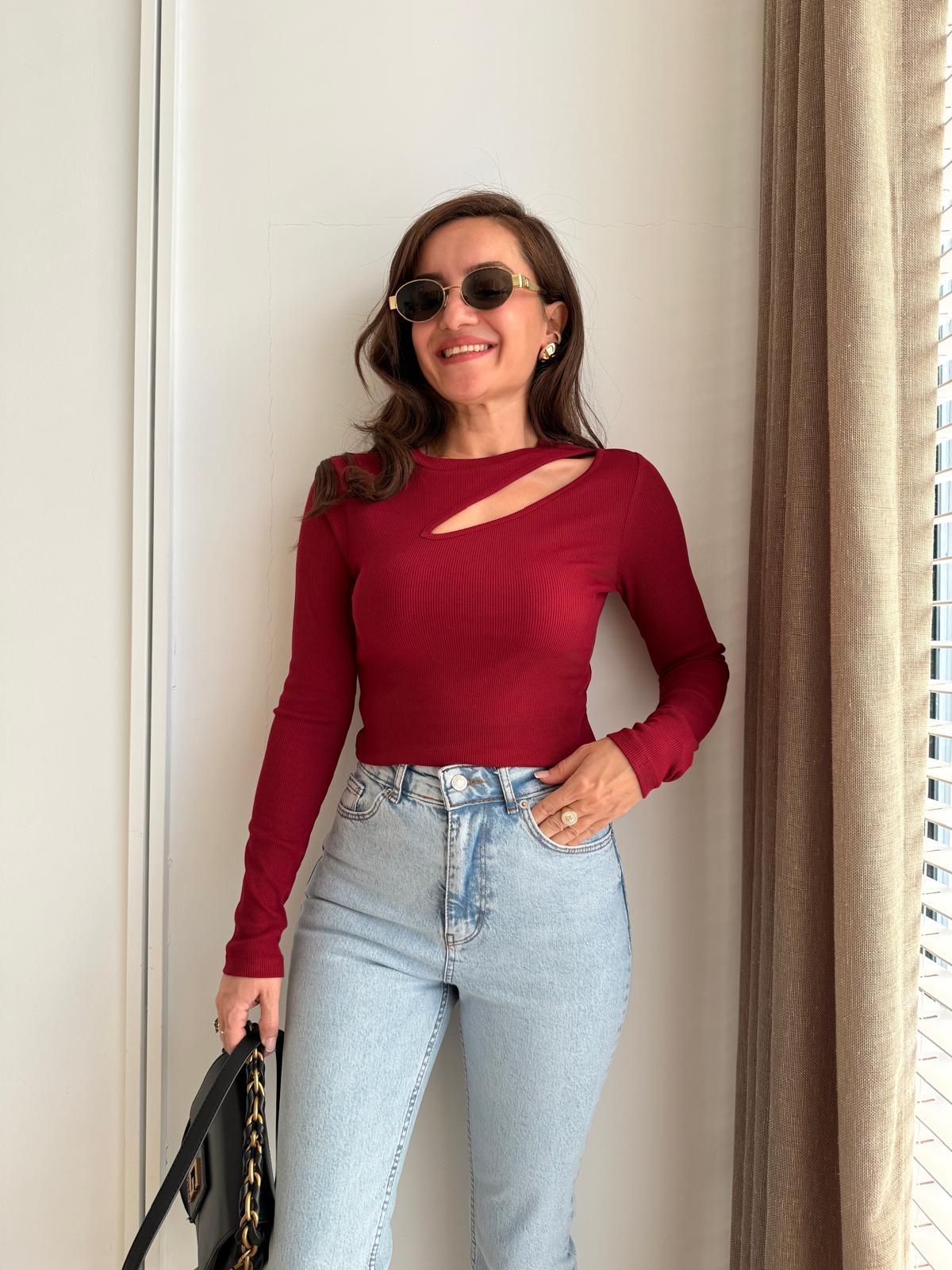 Bordo Önü Yan Dekolteli Uzun Kol Bluz 4438