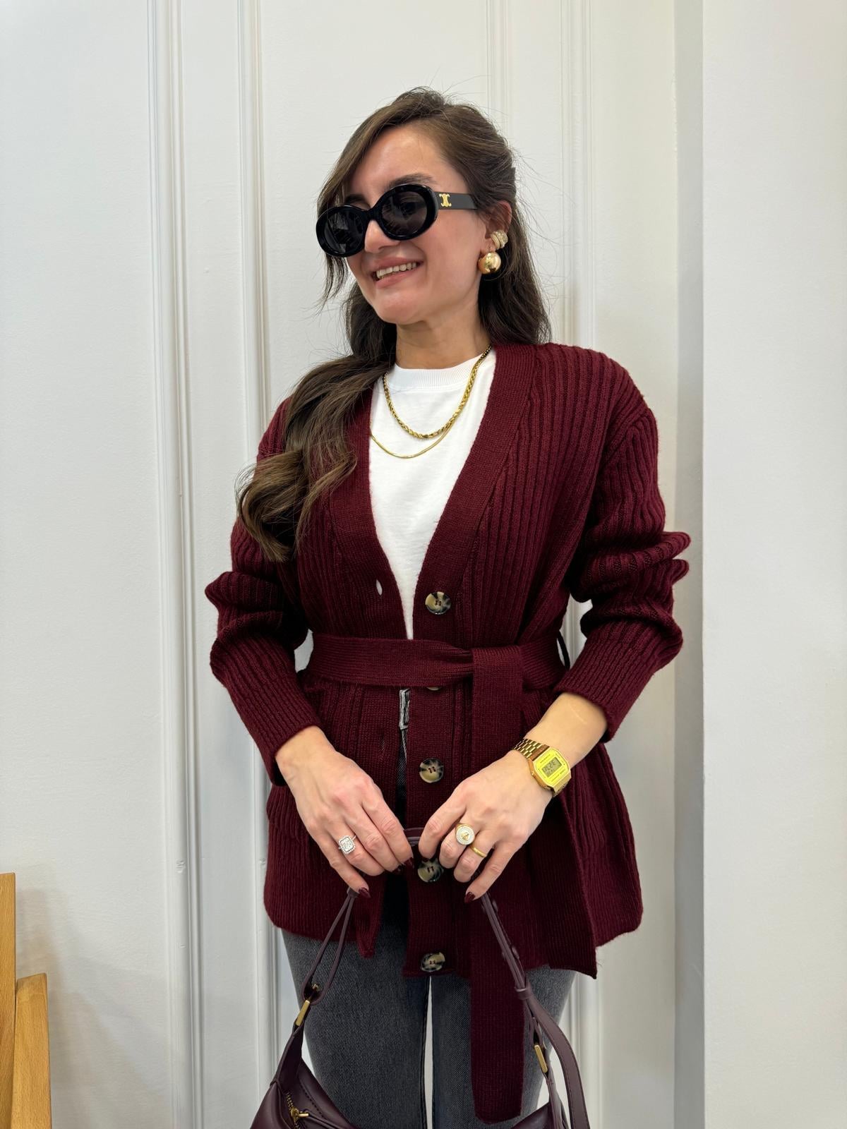 Bordo Örgü Çift Cepli Triko Hırka 4457