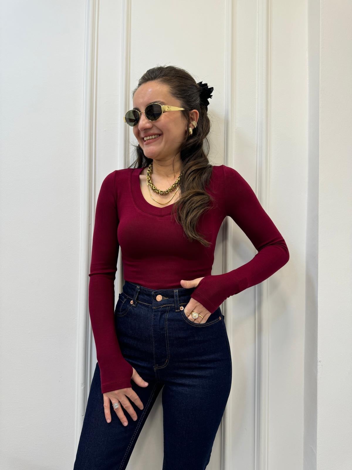 Bordo Orjinal Marka Özel Dokulu V Yaka Bluz 5216
