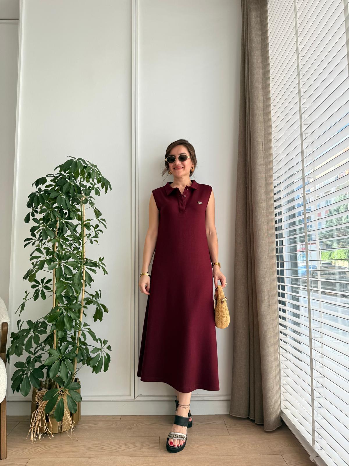 Bordo Orjinal Marka Polo Yaka Modal Kumaş Elbise S01