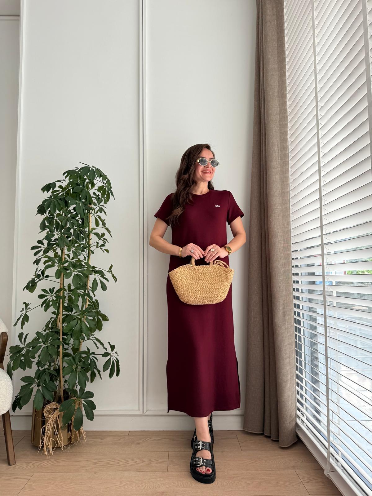 Bordo Orjinal Marka Yanları Yırtmaçlı Elbise S02