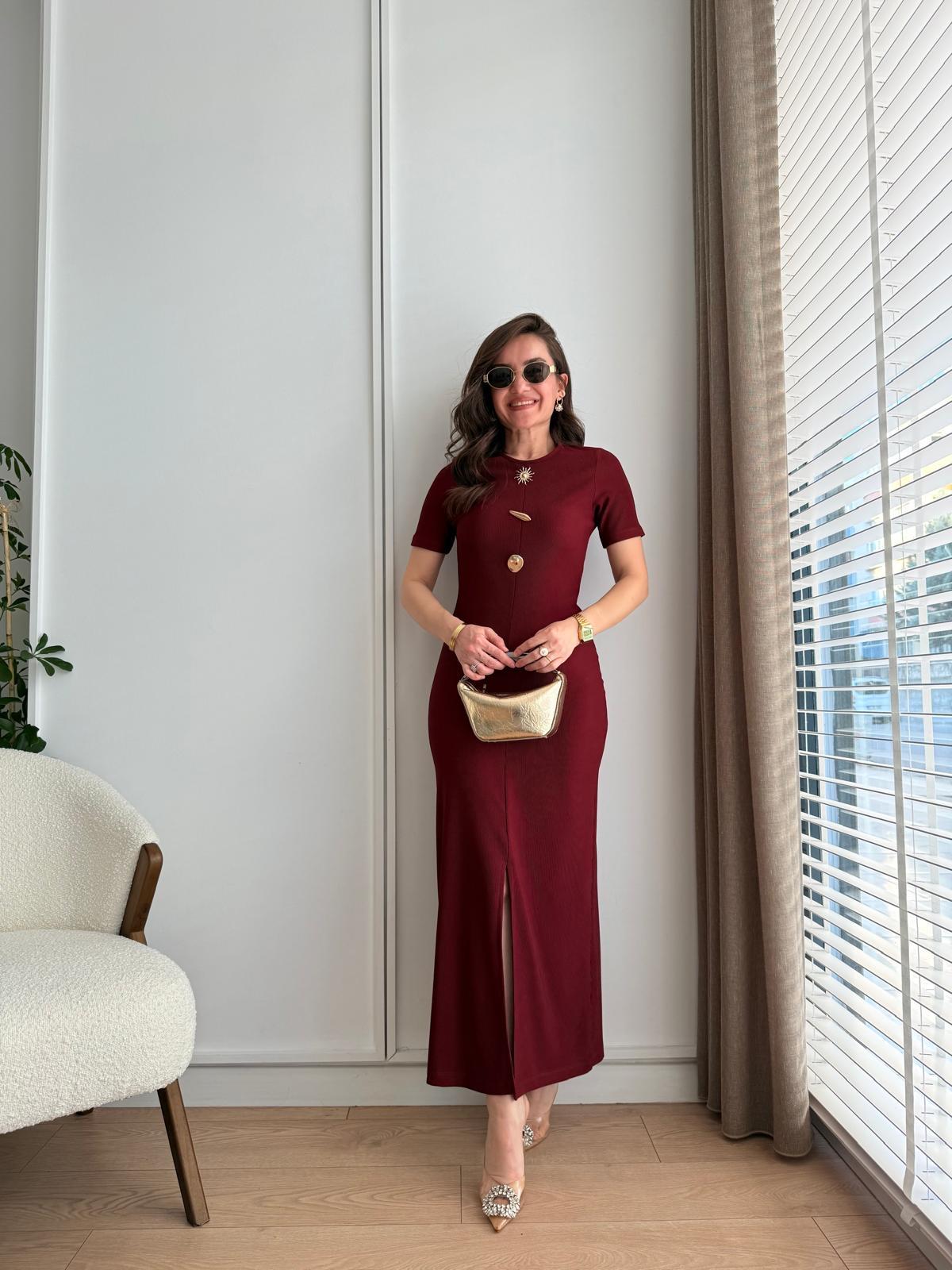 Bordo Ottoman Kumaş Likralı Gold Düğmeli Tasarımlı Kısa Kol Kalem Elbise 22456