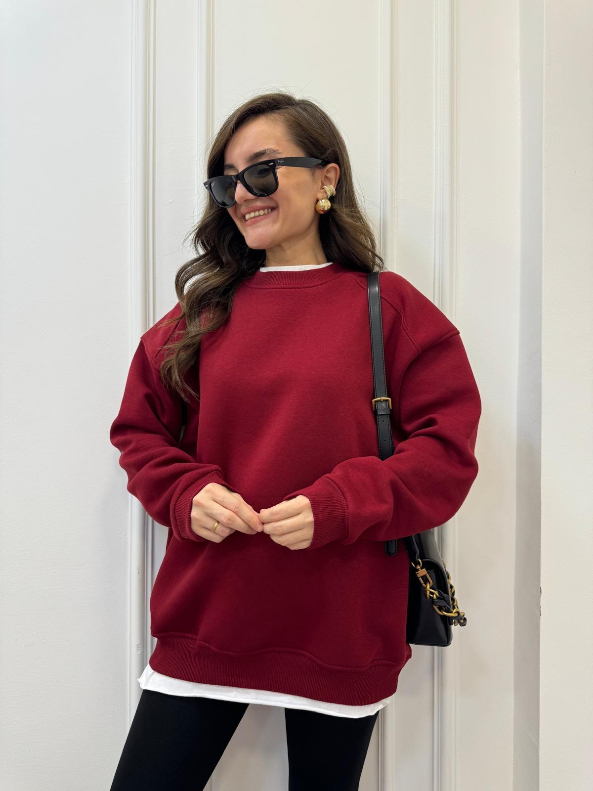 Bordo Oversize Bisiklet Yaka Sweatshırt 7912
