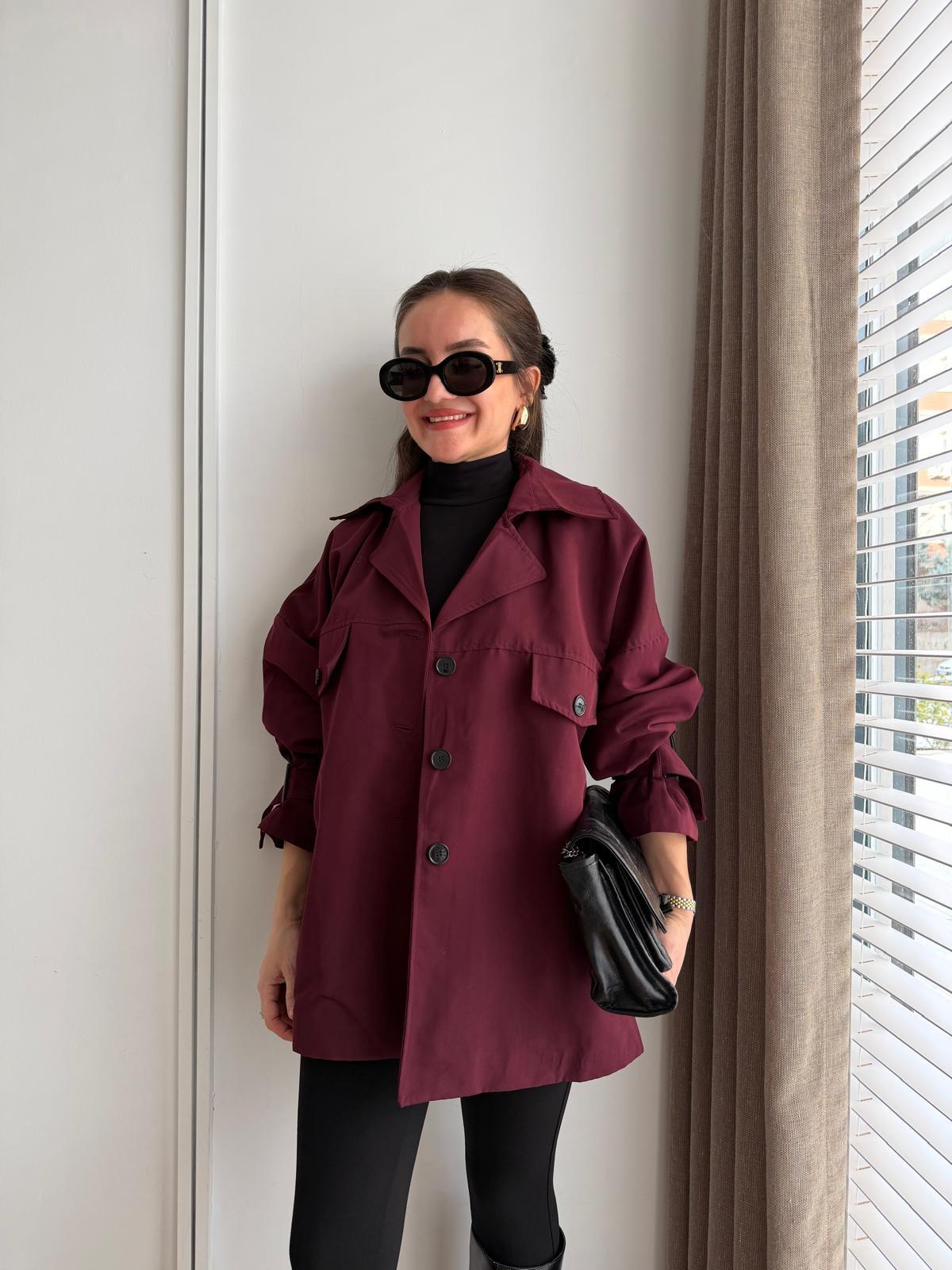 Bordo Oversize Kol Kemerli Trençkot T01