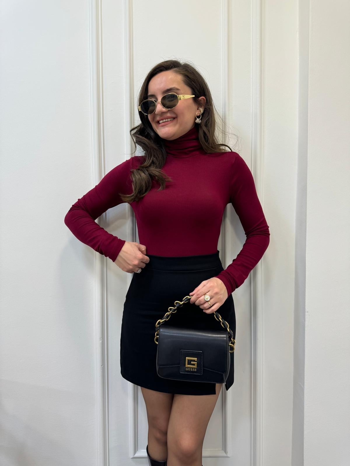 Bordo Özel Dokulu Balıkçı Yaka Bluz 16560