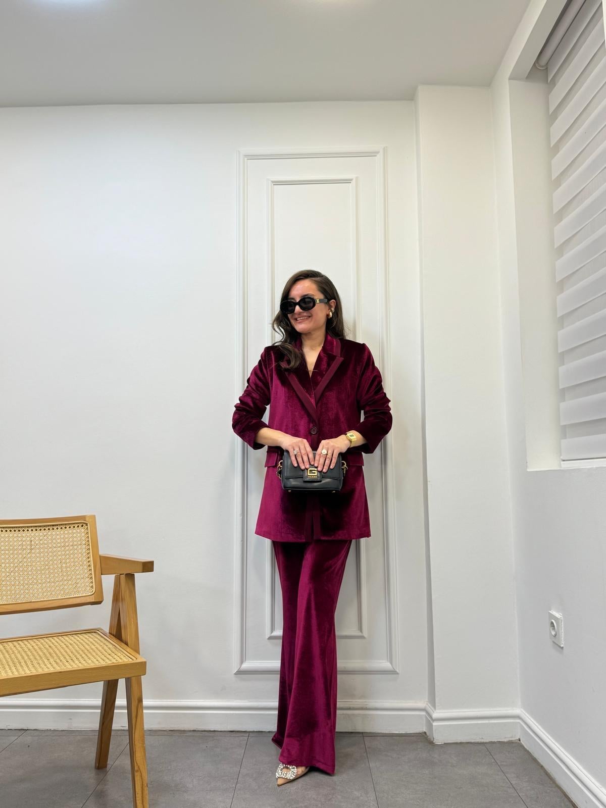 Bordo Özel Marka Kruvaze Yaka Biyeli Kadife Blazer Pantolon Takım 2561