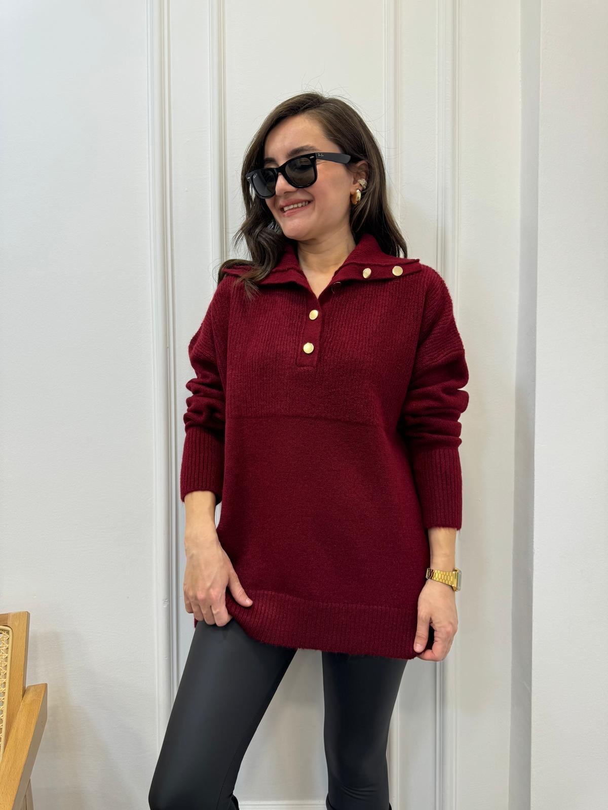 Bordo Polo Yaka Gold Düğme Detaylı Triko Kazak 22733