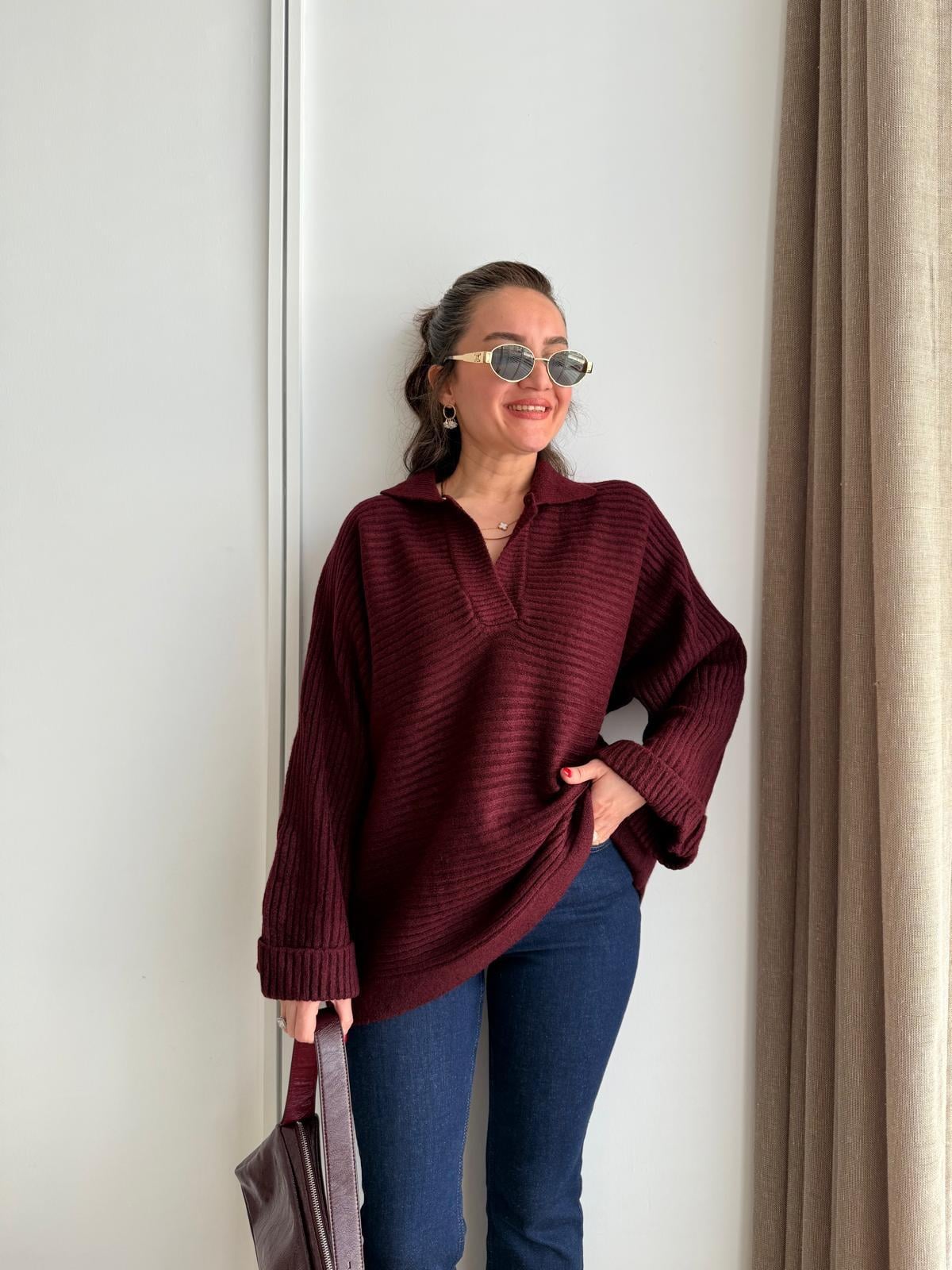 Bordo Polo Yaka Kol Detaylı Triko Kazak 231153