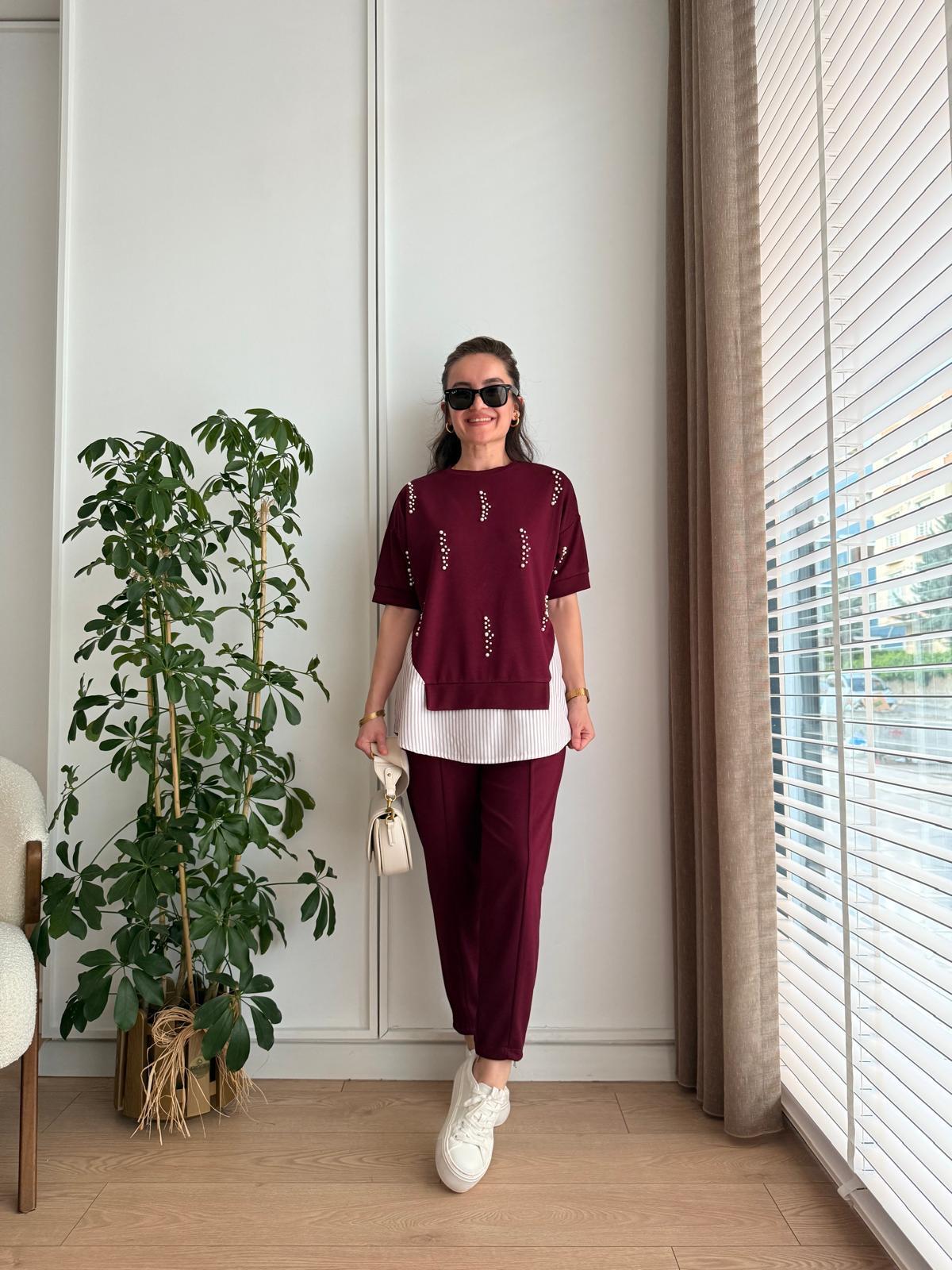 Bordo Poplin Detaylı İncili Takım 2235